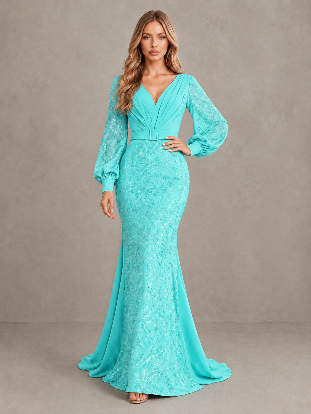 BOLODOO Aqua Sequin Long Bishop Sleeve Mermaid Evening Dress - Aqua - Aqua (3)