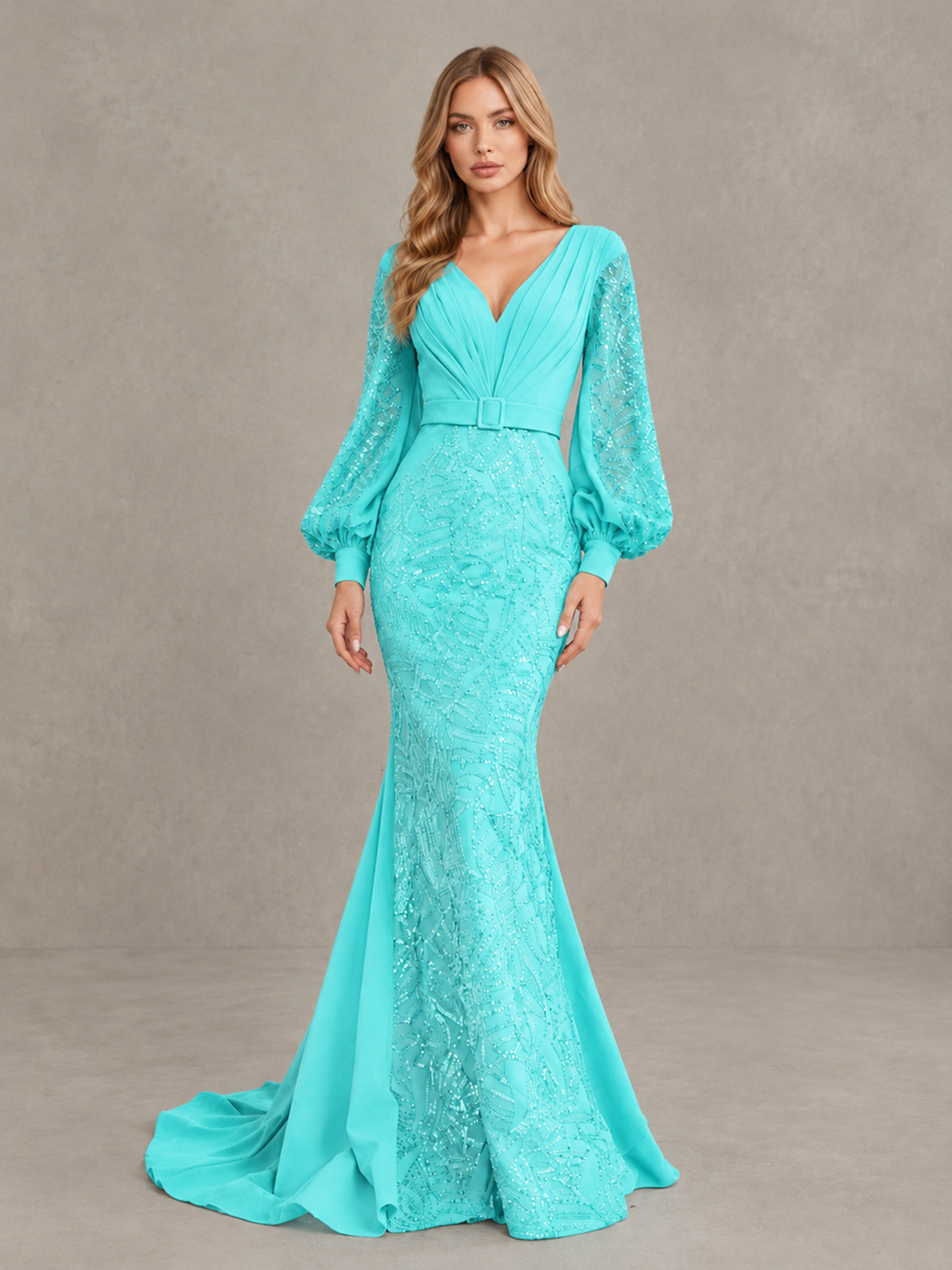 BOLODOO Aqua Sequin Long Bishop Sleeve Mermaid Evening Dress - Aqua - Aqua (4)