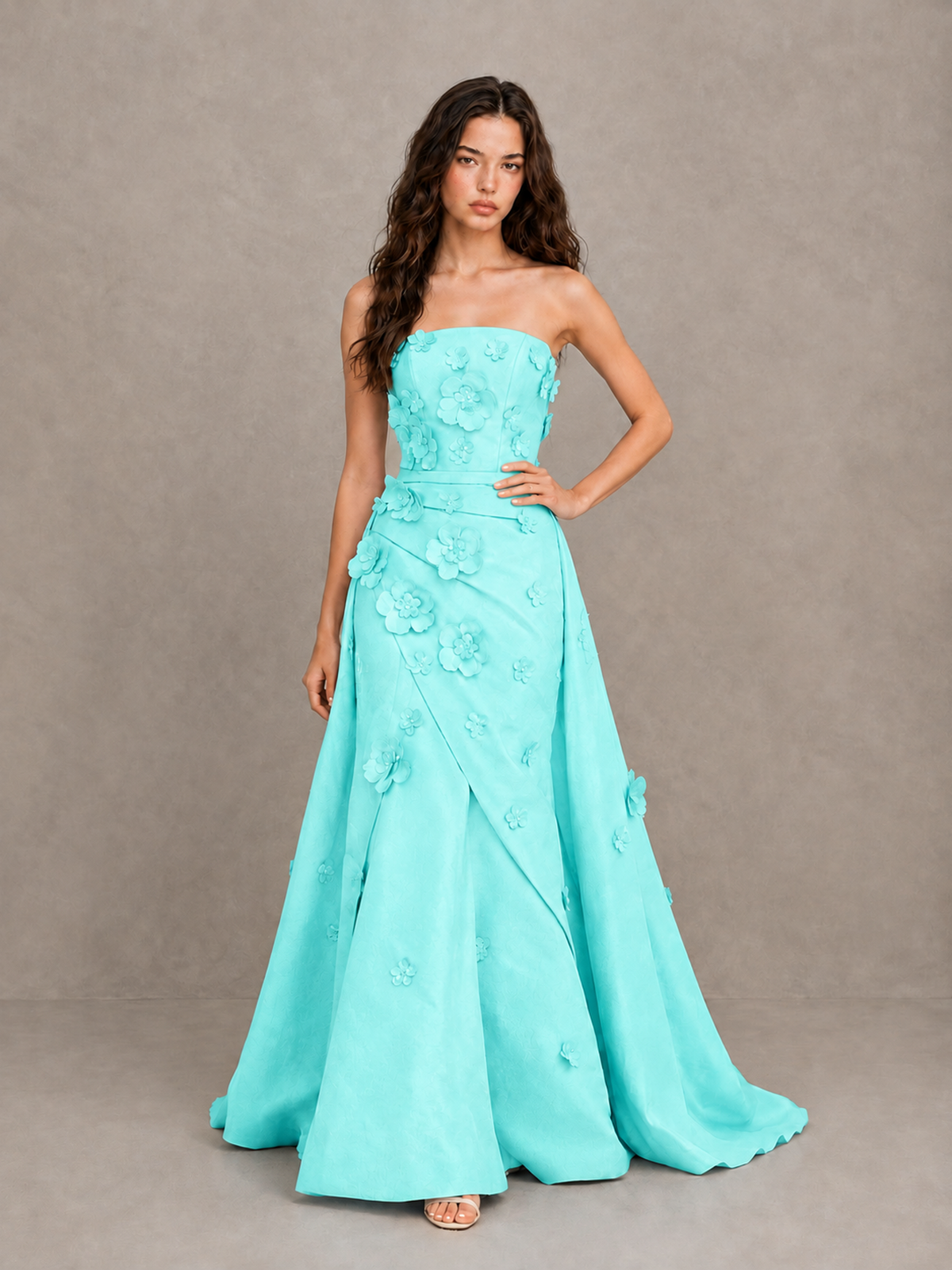 BOLODOO Aqua Strapless 3D Floral Applique Prom Gown with Draped Skirt - Aqua - Aqua (4)