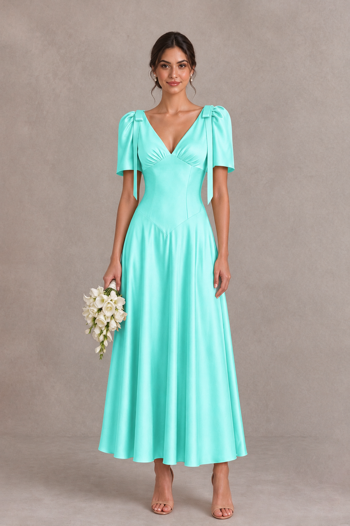 BOLODOO XX099 aqua V-neck short sleeve bridesmaid dress with shoulder bows, front view