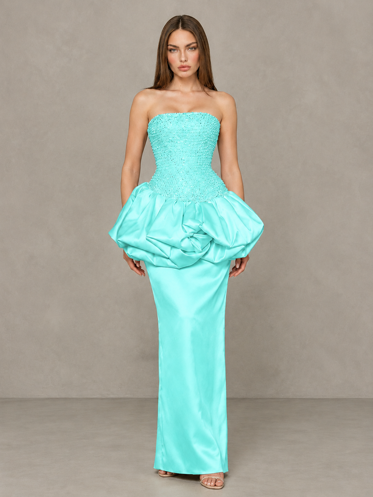 BOLODOO Aqua Strapless Embellished Bubble Peplum Evening Dress 