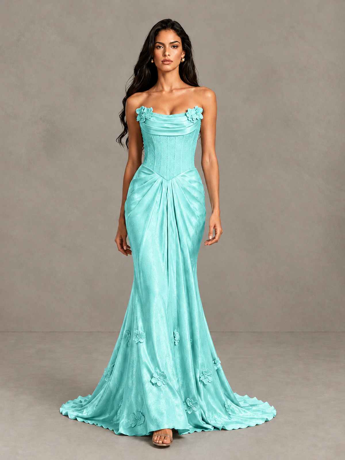 Back view of BOLODOO aqua strapless evening gown with exposed upper back and long train