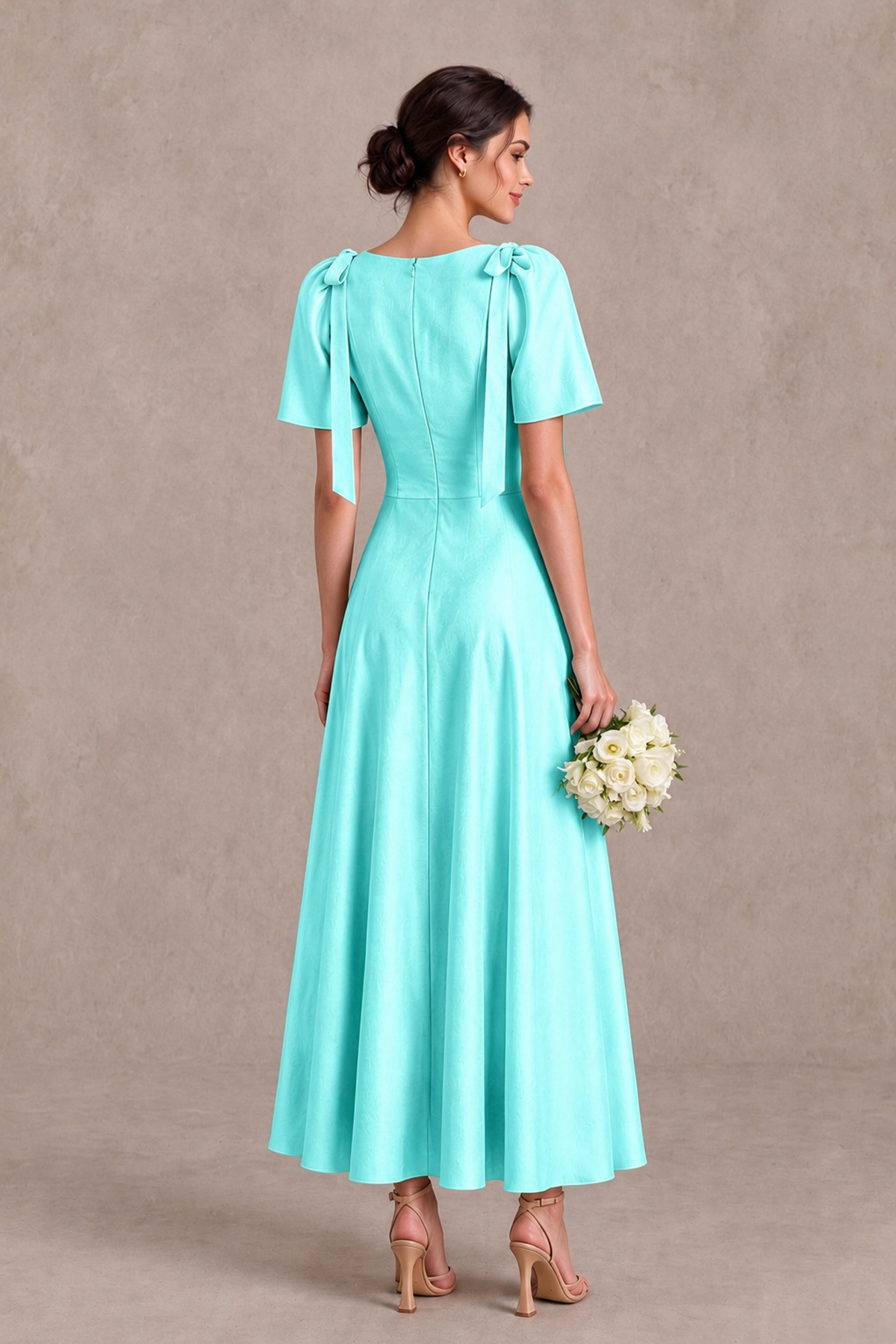 BOLODOO aqua ankle-length bridesmaid dress with covered zipper back and shoulder bows, back view