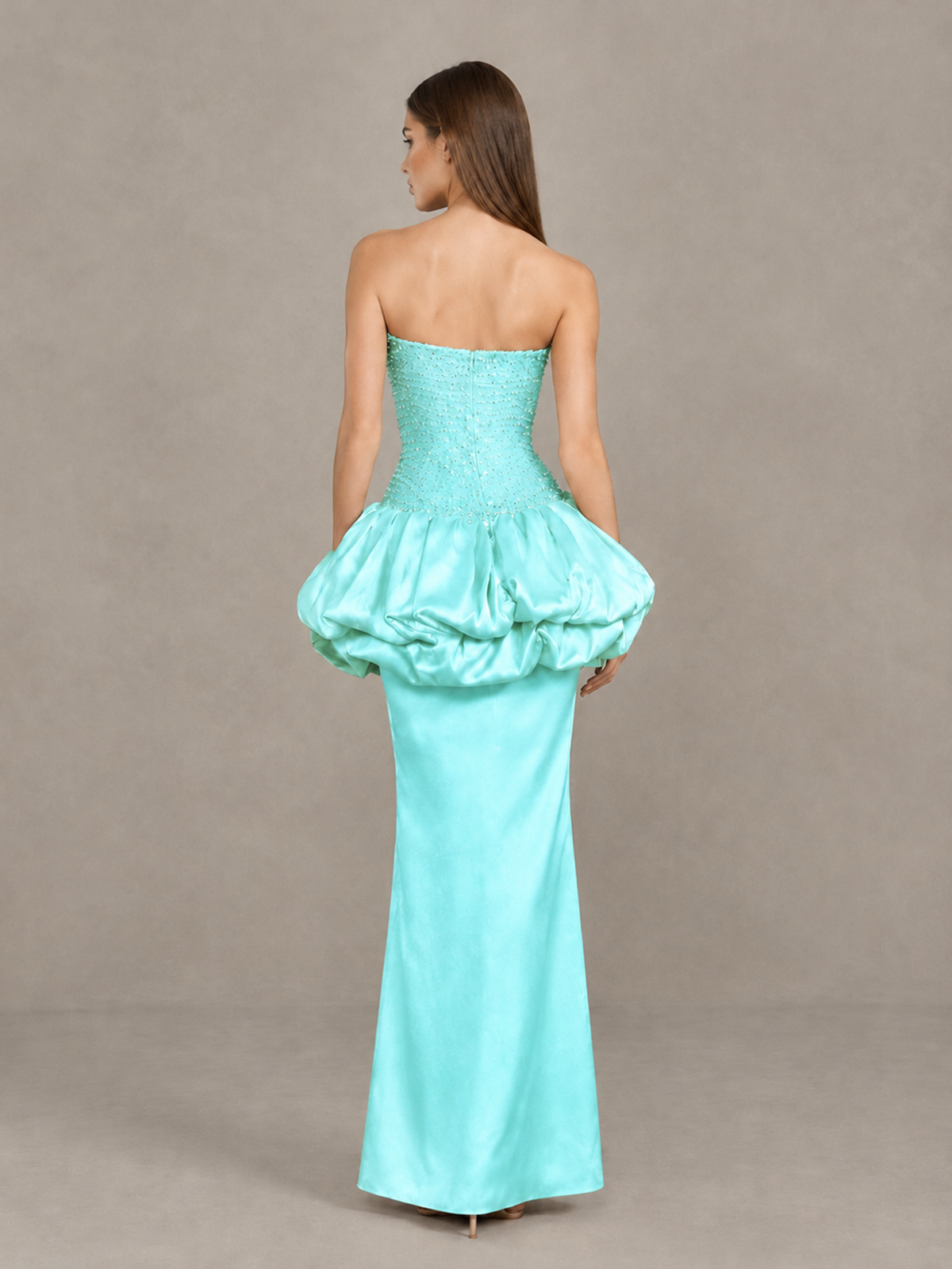 BOLODOO Aqua Strapless Embellished Bubble Peplum Evening Dress 