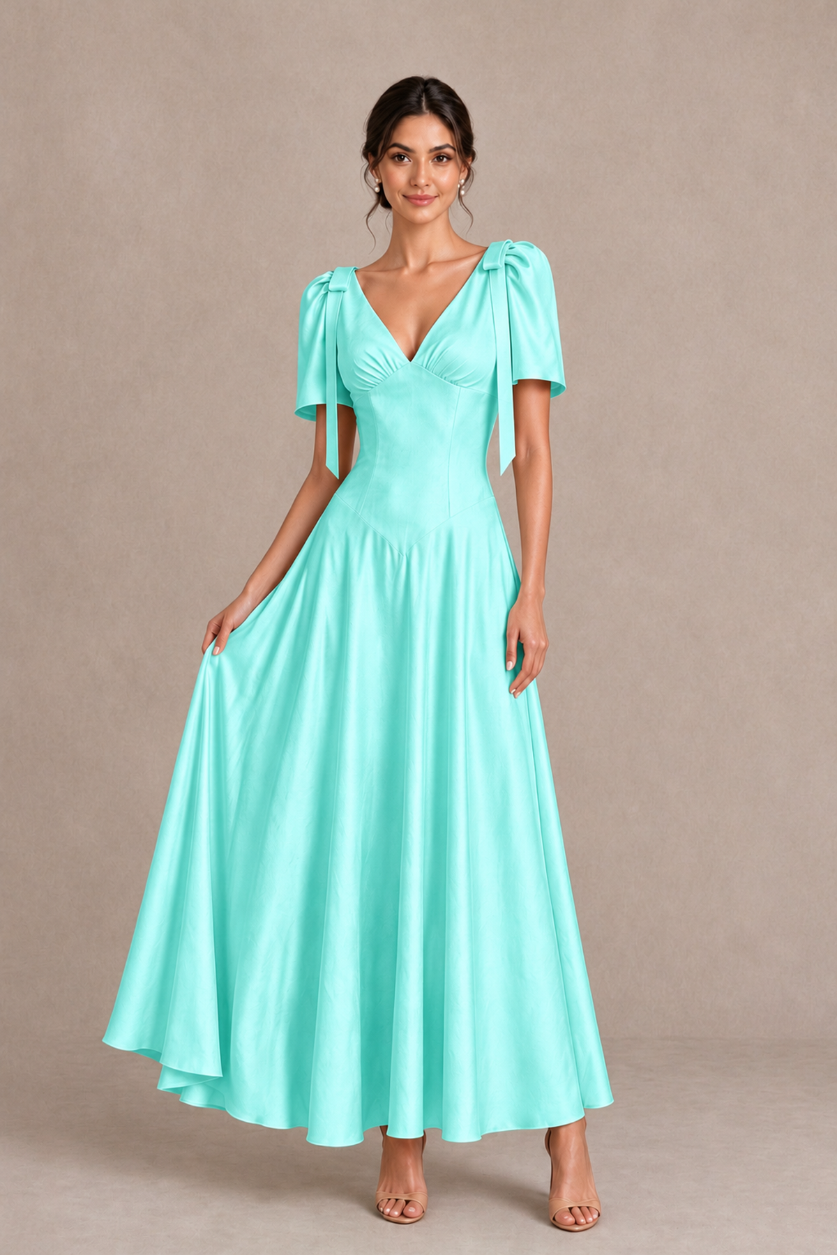 BOLODOO aqua satin-look A-line bridesmaid dress showing flared ankle-length skirt