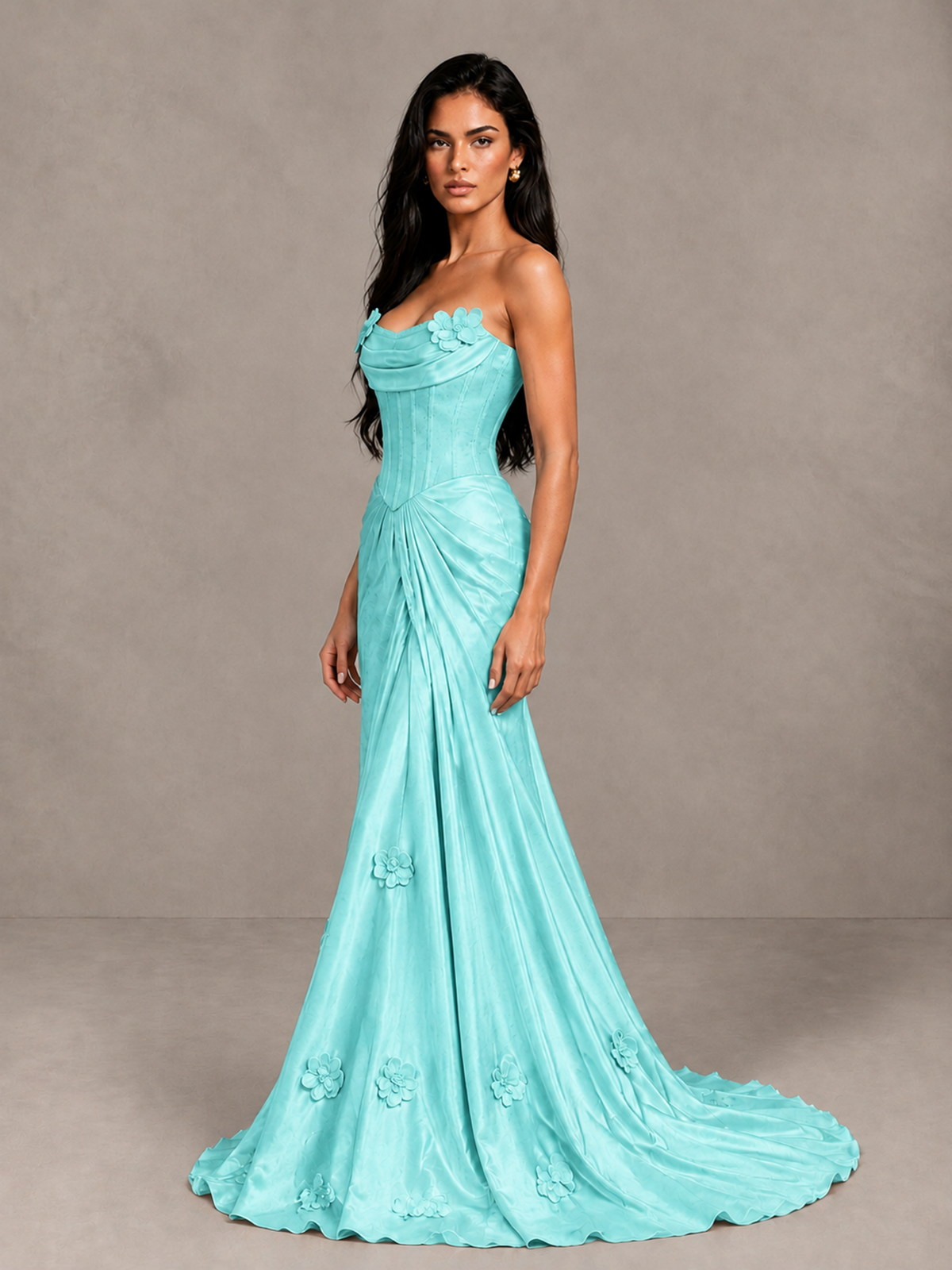 BOLODOO aqua strapless floral evening gown with corset-inspired bodice, full front view