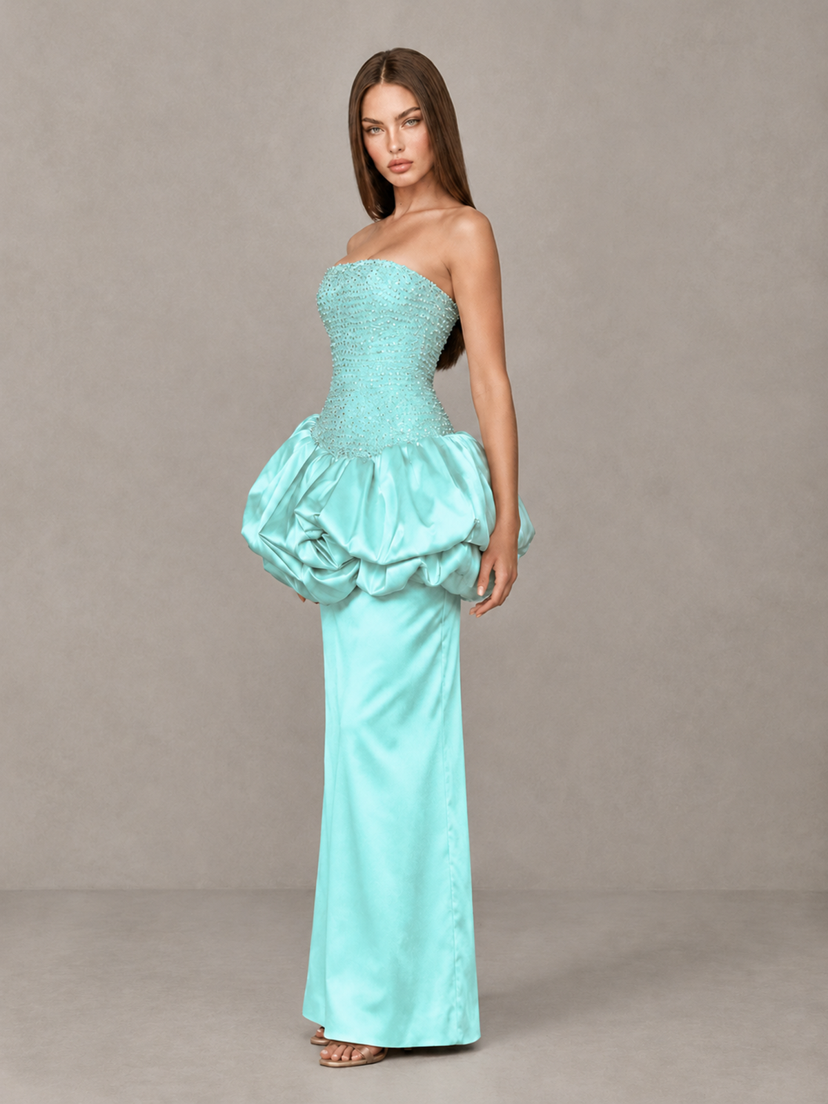 BOLODOO Aqua Strapless Embellished Bubble Peplum Evening Dress 