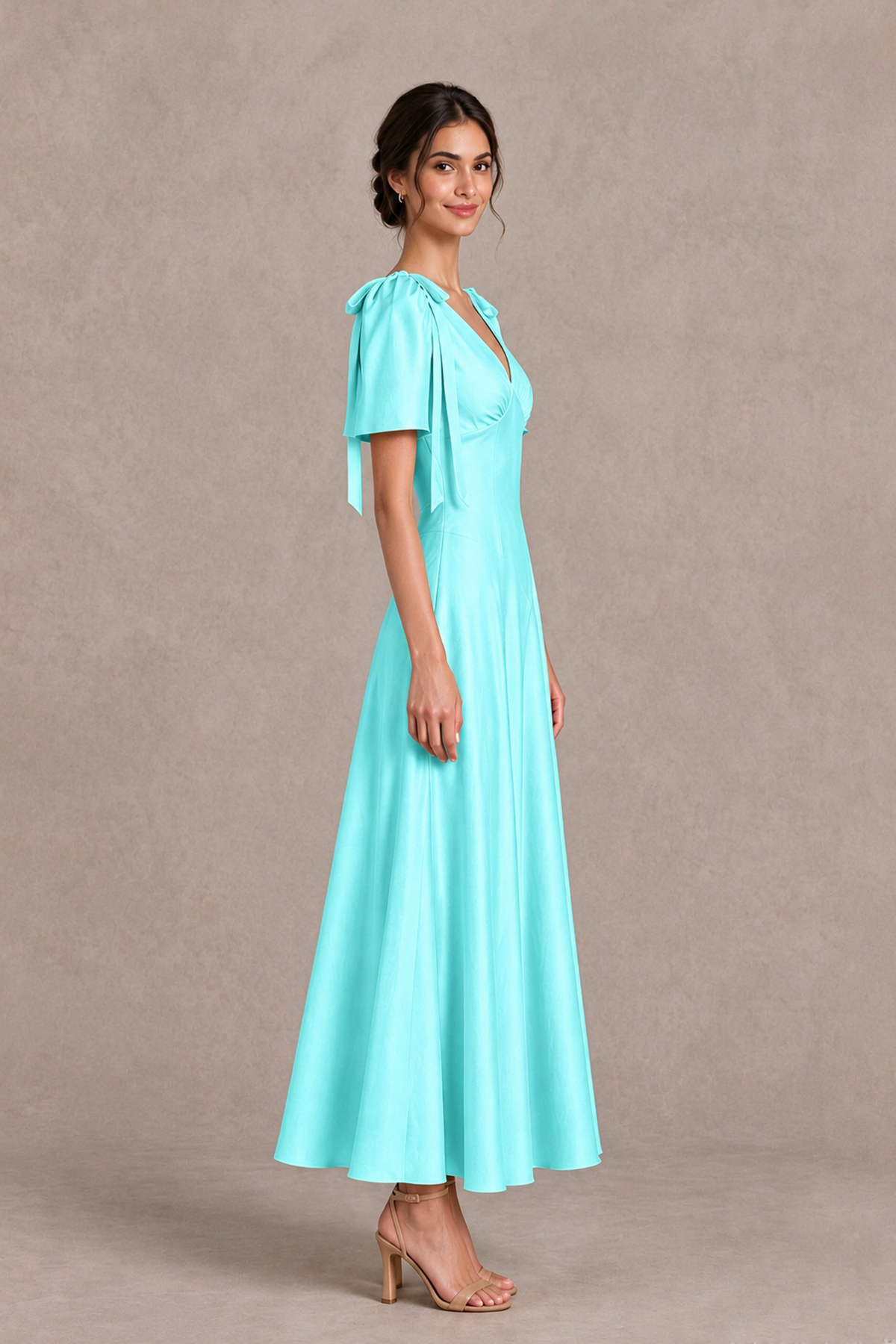 BOLODOO aqua flutter sleeve bridesmaid dress with shoulder ribbon bows, side view