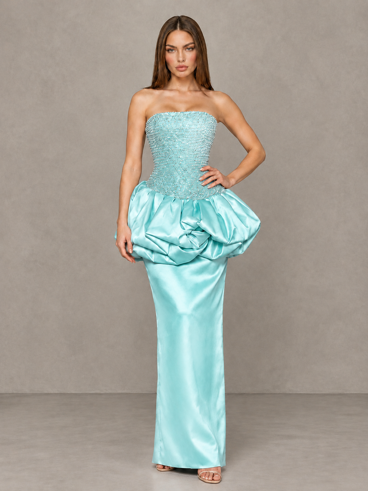 BOLODOO Aqua Strapless Embellished Bubble Peplum Evening Dress 