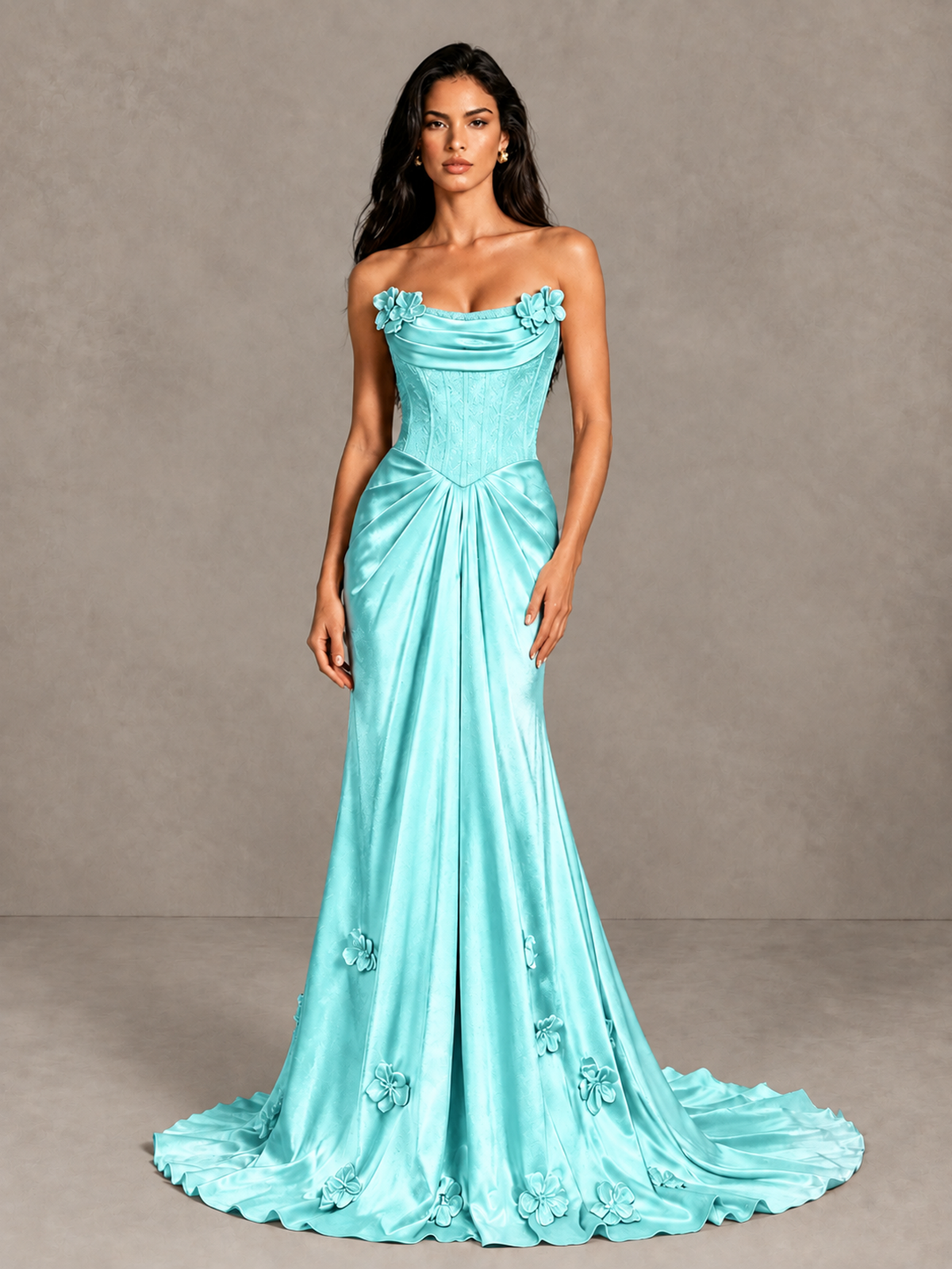 BOLODOO aqua floral applique evening gown showing draped neckline and sweeping train