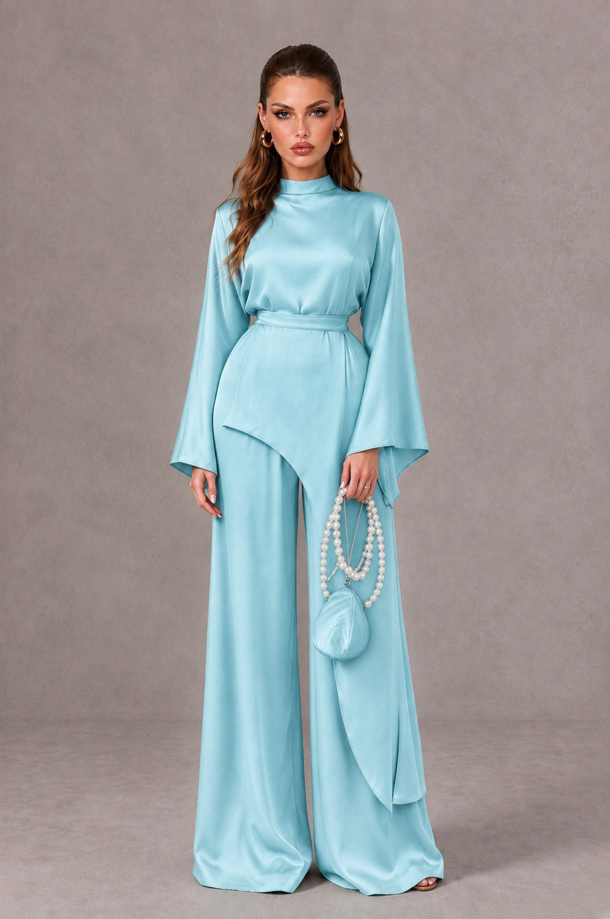 BOLODOO Aqua Blue Satin-Look Long Sleeve Wide-Leg Jumpsuit - Aqua Blue - Aqua Blue_01