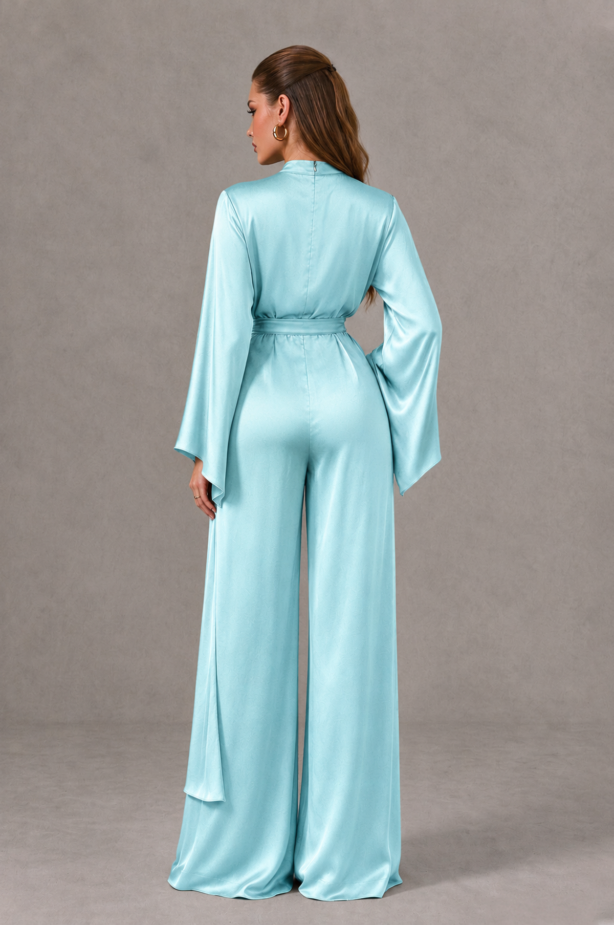 BOLODOO Aqua Blue Satin-Look Long Sleeve Wide-Leg Jumpsuit - Aqua Blue - Aqua Blue_02