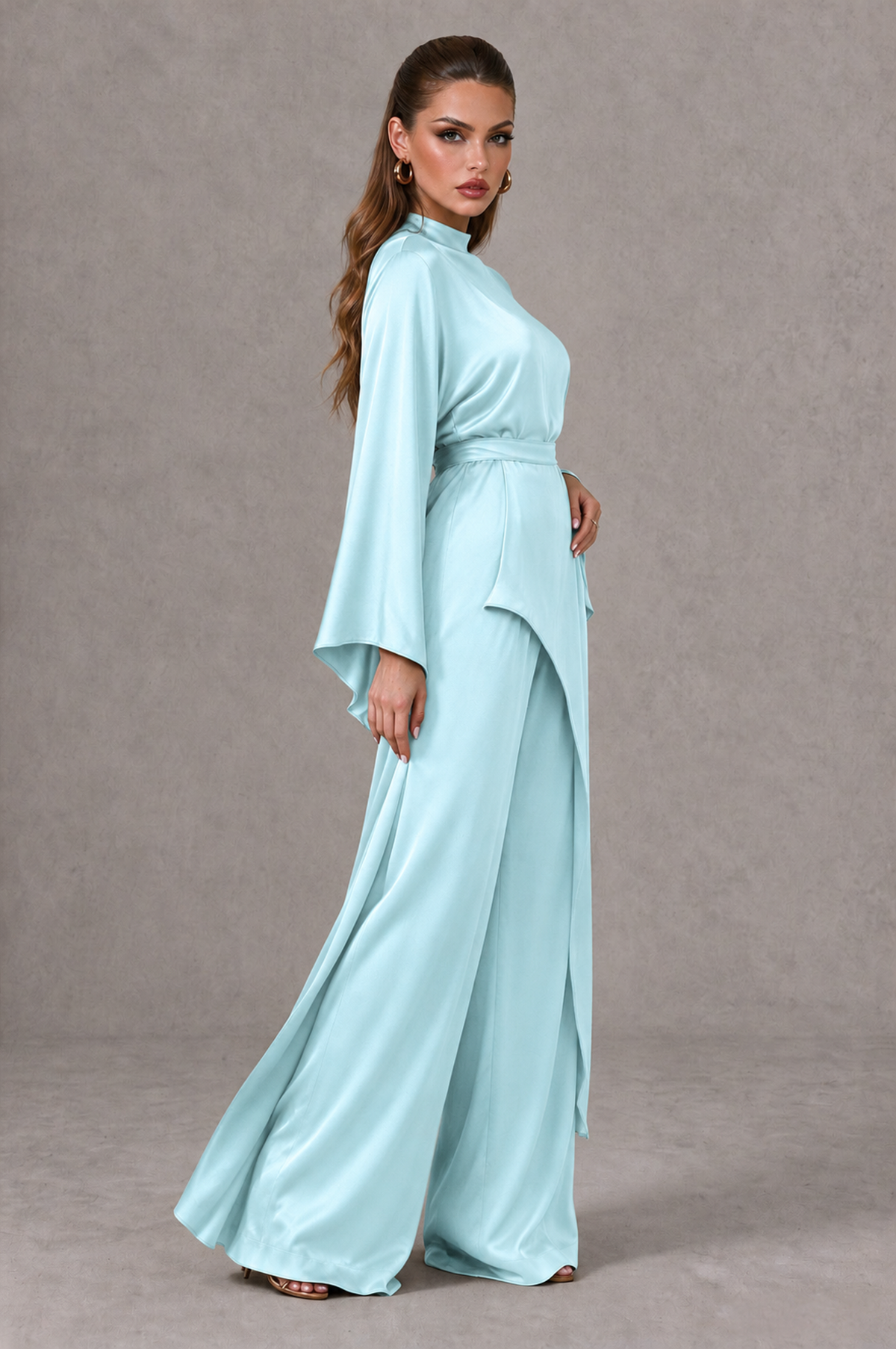 BOLODOO Aqua Blue Satin-Look Long Sleeve Wide-Leg Jumpsuit - Aqua Blue - Aqua Blue_03