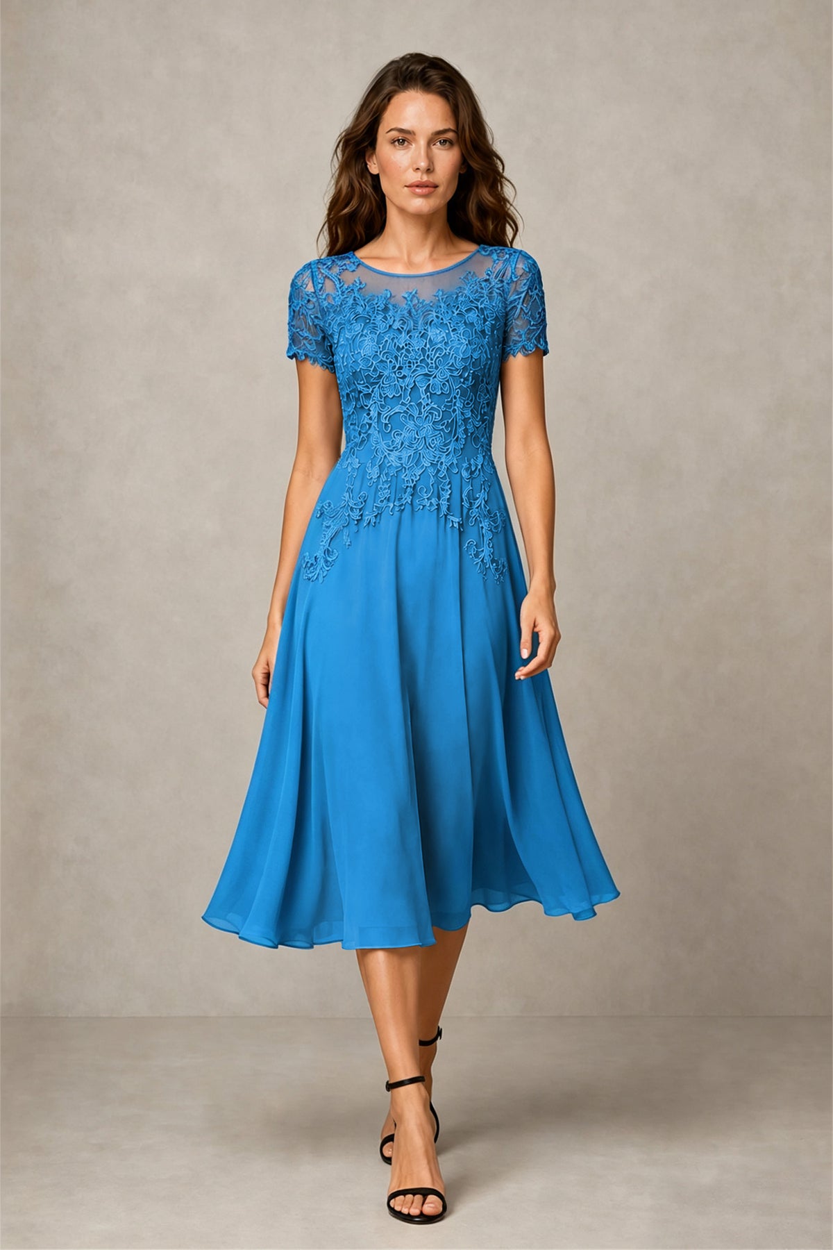 BOLODOO Steel Aqua Blue Beaded Lace Illusion Bodice Chiffon Tea-Length Dress | Mother of the Bride & Cocktail Party - Aqua Blue