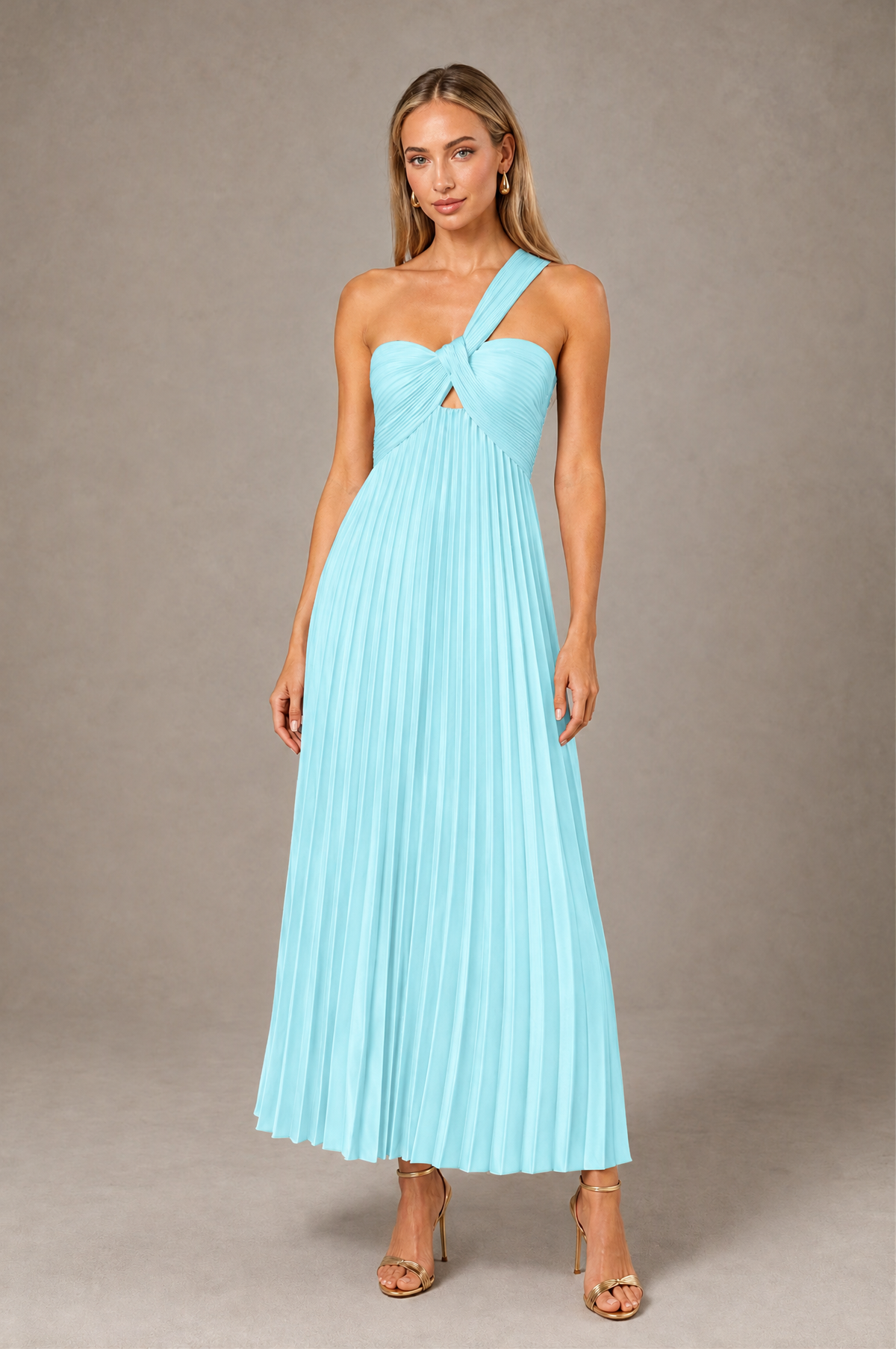 BOLODOO Aqua Blue One-Shoulder Twist Knot Pleated Satin Midi Dress with Cutout - Aqua Blue - Aqua_Blue_1