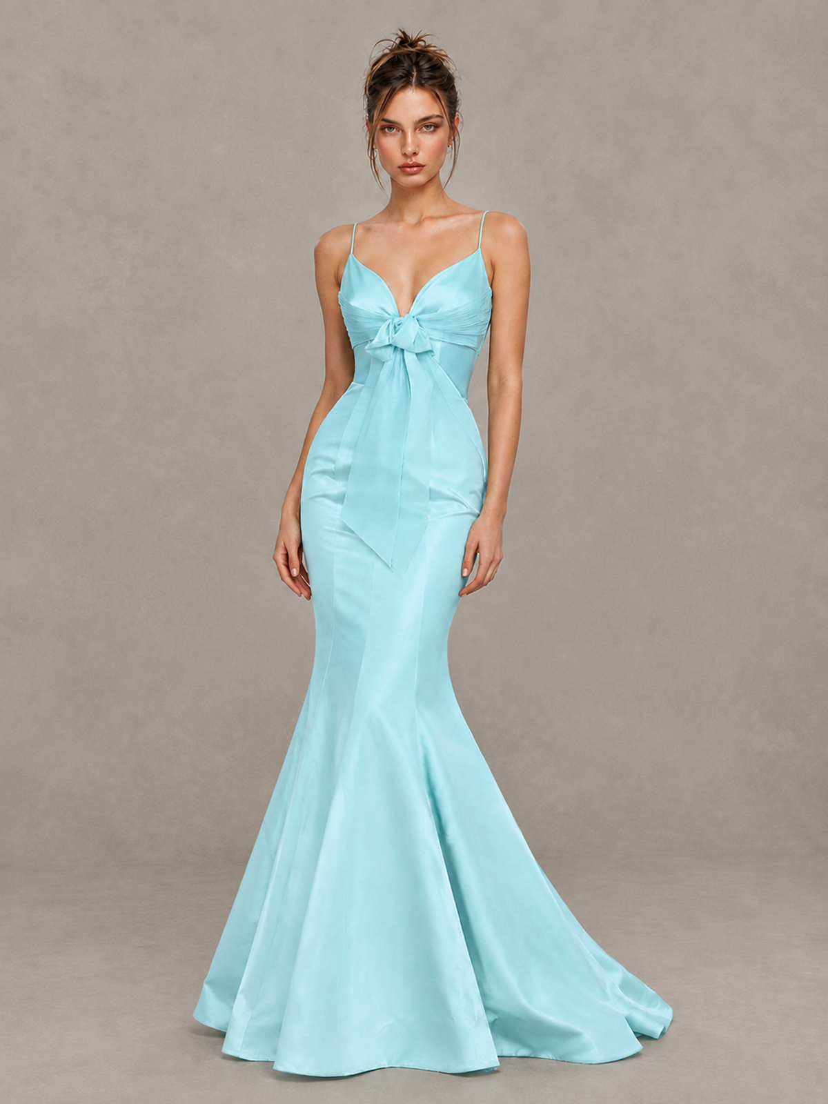 BOLODOO Aqua Blue Satin-Look Mermaid Prom Dress with Bow - Aqua Blue - Aqua Blue_1