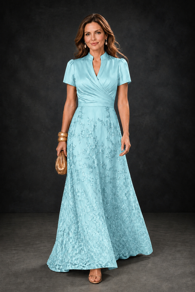 BOLODOO Aqua Blue Satin Wrap V-Neck Short Sleeve Lace Glitter A-Line Floor Length Evening Gown – Formal Dress - Aqua Blue - Aqua_Blue_1