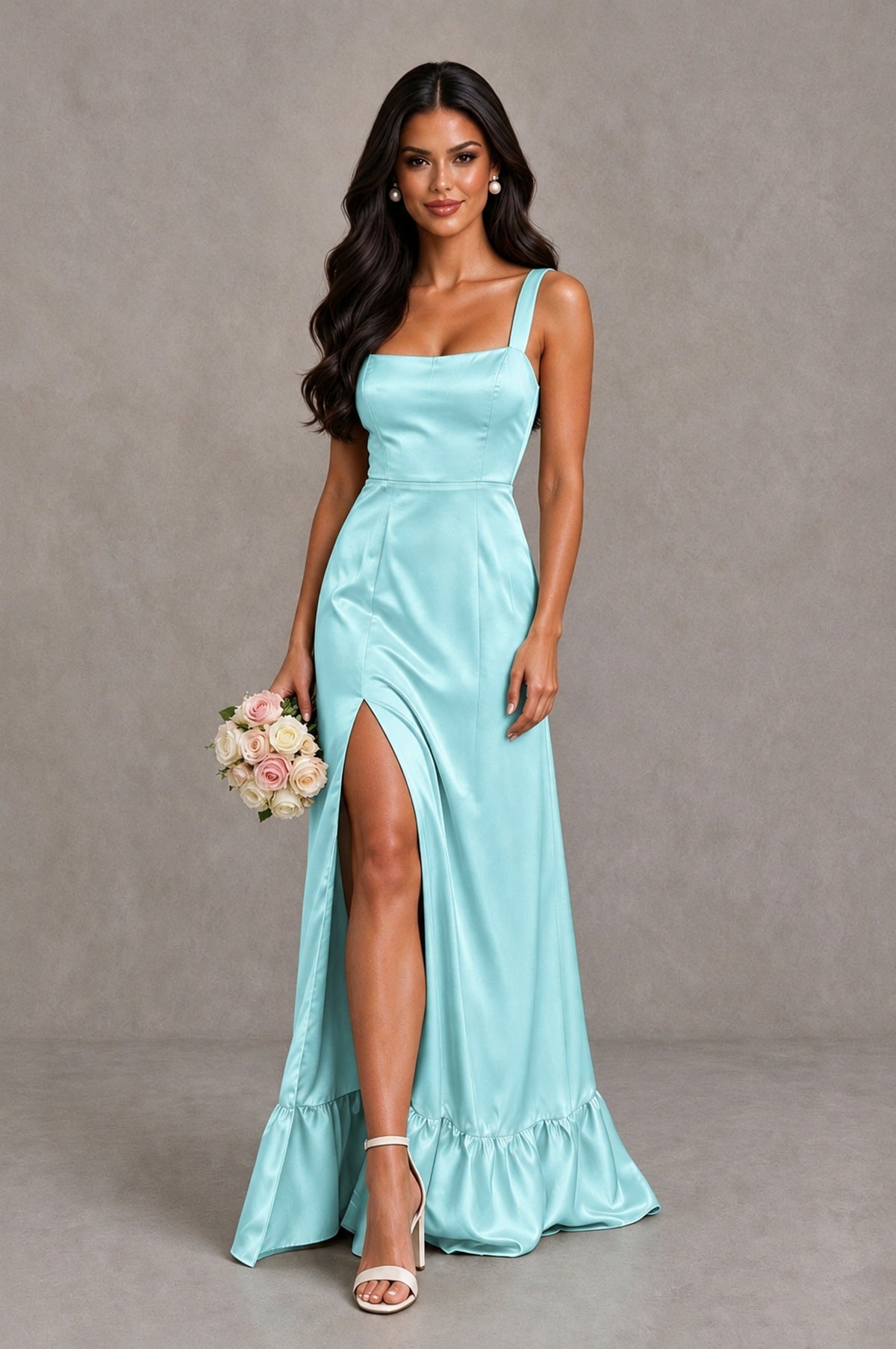 BOLODOO Aqua Blue Square Neck Satin Evening Dress with Lace-Up Back and High Slit - Aqua Blue - Aqua Blue_1