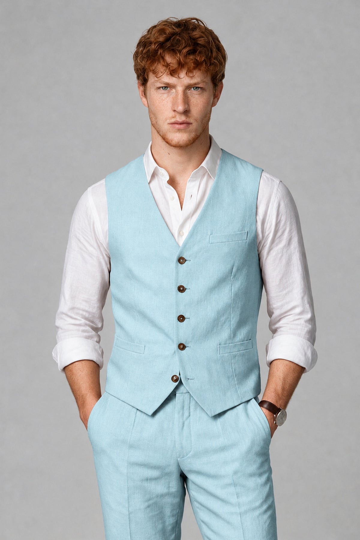 Bolodoo Men's Aqua Blue 2-Piece Vest and Pants Set with V-Neck Waistcoat - Aqua Blue - Aqua Blue_1