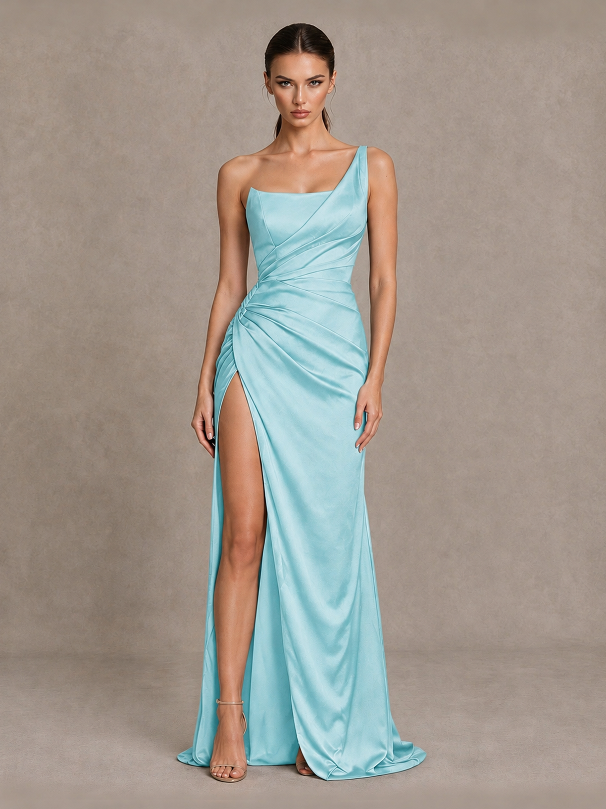 BOLODOO Aqua Blue One Shoulder Satin Evening Gown with High Slit and Sweep Train - Aqua Blue - Aqua Blue_1