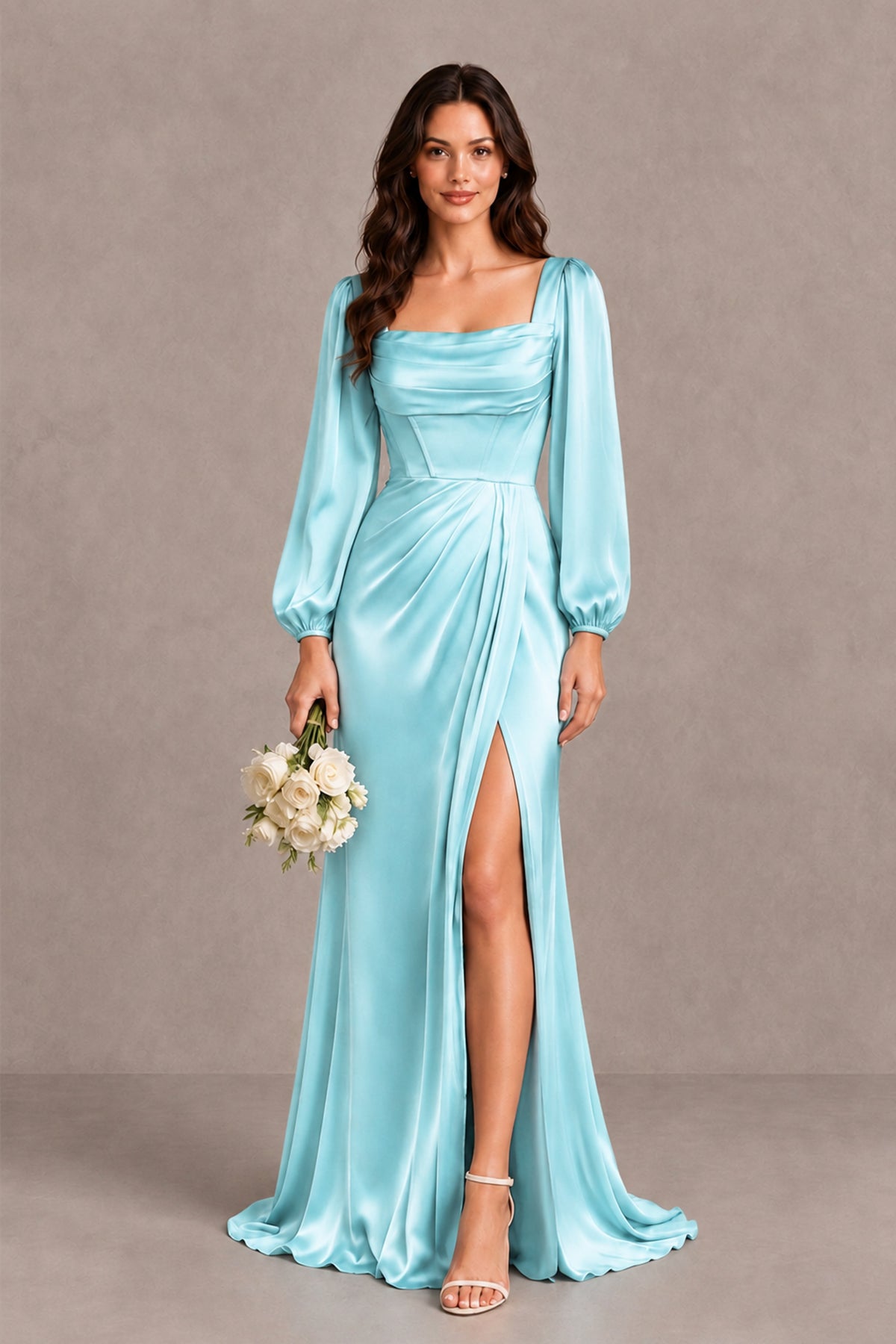 BOLODOO Aqua Blue Satin-Look Long Sleeve Evening Dress with High Slit - Aqua Blue - Aqua Blue_1