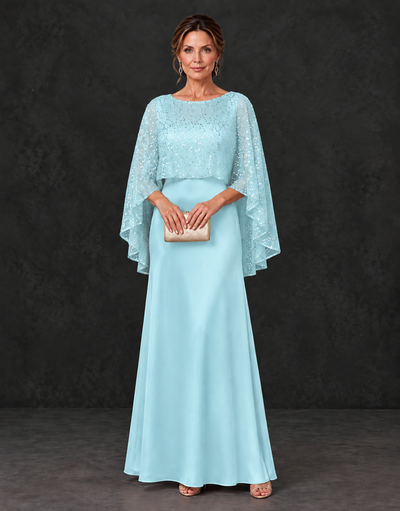 BOLODOO Aqua Blue Sparkle Cape Sleeve Mother of the Bride Dress - Aqua Blue - Aqua_Blue_1