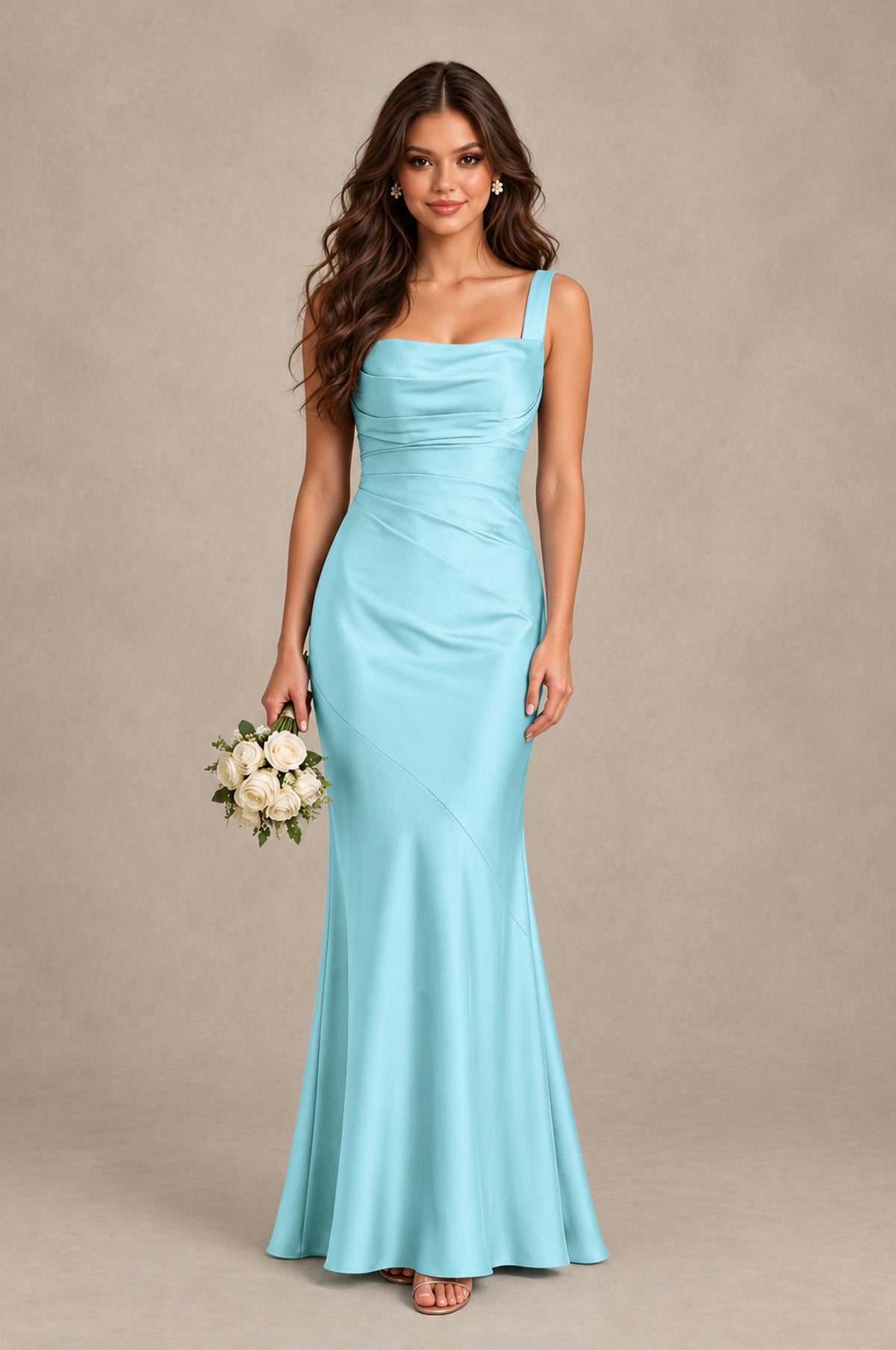 BOLODOO Aqua Blue Square Neck Ruched Satin Lace-Up Bridesmaid Dress - Aqua Blue - Aqua Blue_1