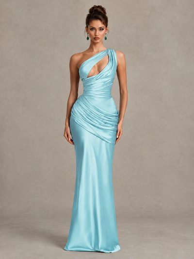 BOLODOO Aqua Blue One-Shoulder Cutout Satin Mermaid Prom Dress - Aqua Blue - Aqua Blue_1