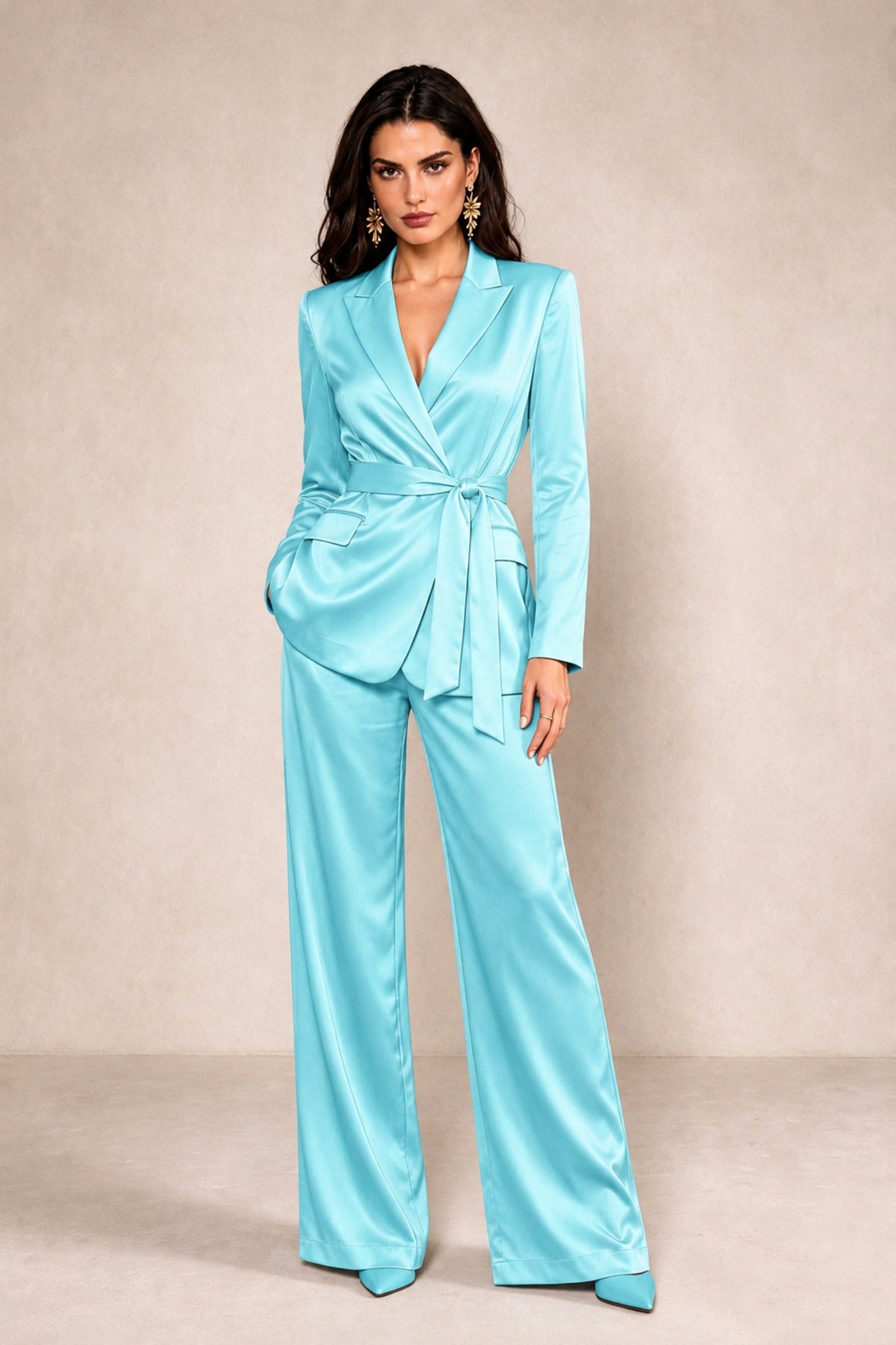 BOLODOO Aqua Blue Satin Wrap Blazer Wide-Leg Pants Two-Piece Suit Set – Evening Gala Wedding Guest - Aqua Blue - Aqua_Blue_1