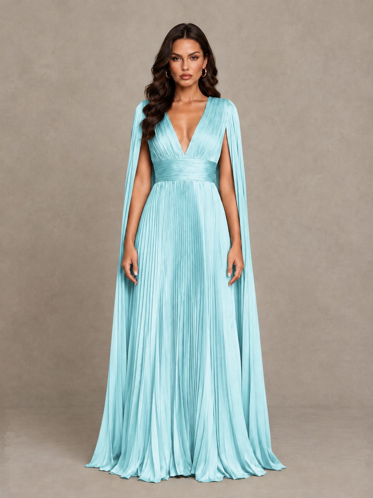 BOLODOO Aqua Blue Deep V-Neck Pleated Cape Sleeve Evening Gown - Aqua Blue - Aqua Blue_1
