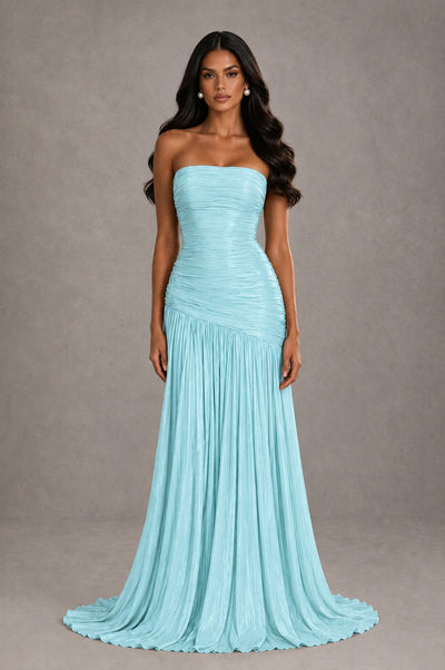 BOLODOO Aqua Blue Metallic Ruched Strapless Pleated A-Line Backless Maxi Dress with Train - Aqua Blue - Aqua Blue_1