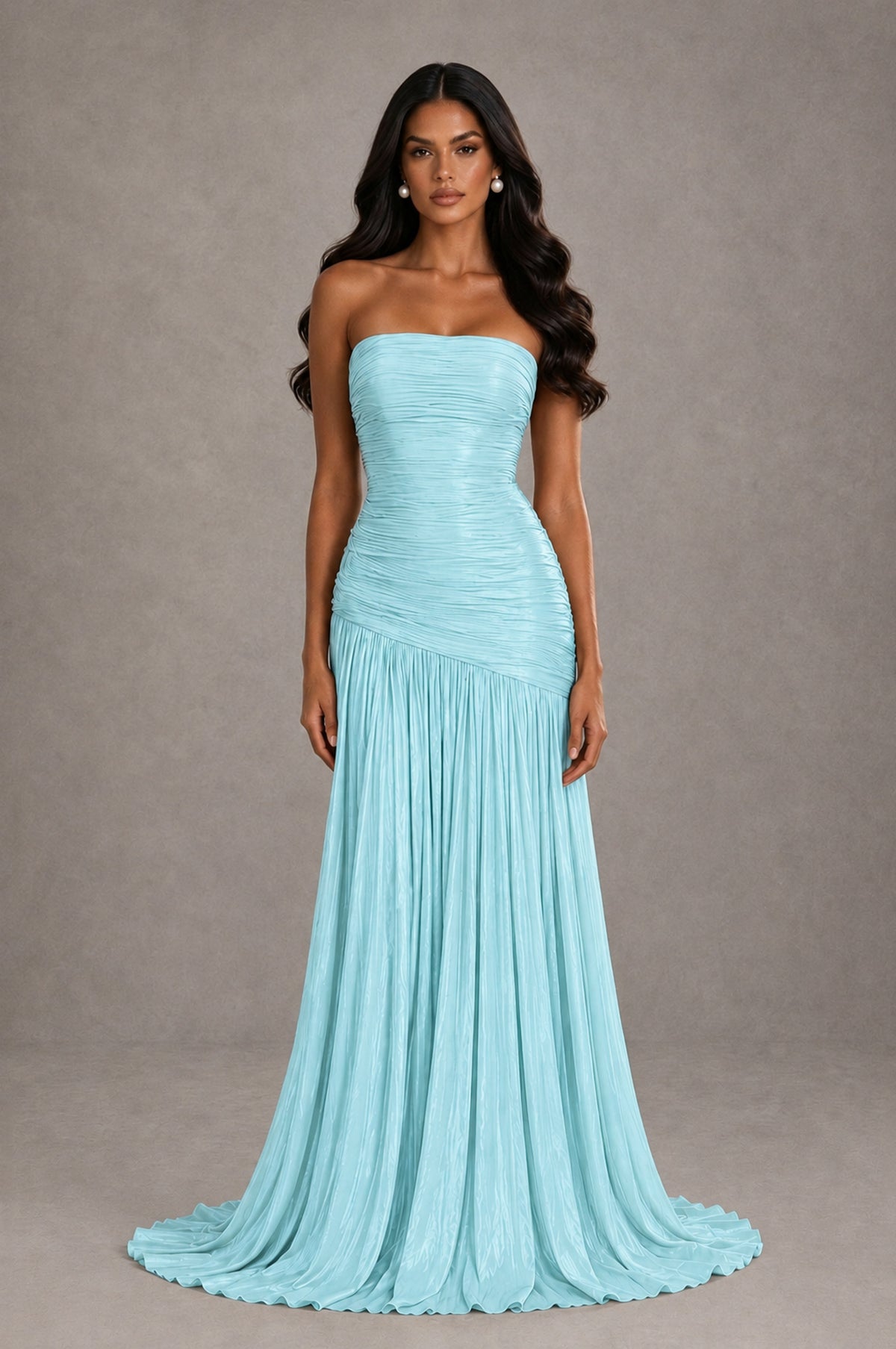 BOLODOO Aqua Blue Metallic Ruched Strapless Pleated A-Line Backless Maxi Dress with Train - Aqua Blue - Aqua Blue_1