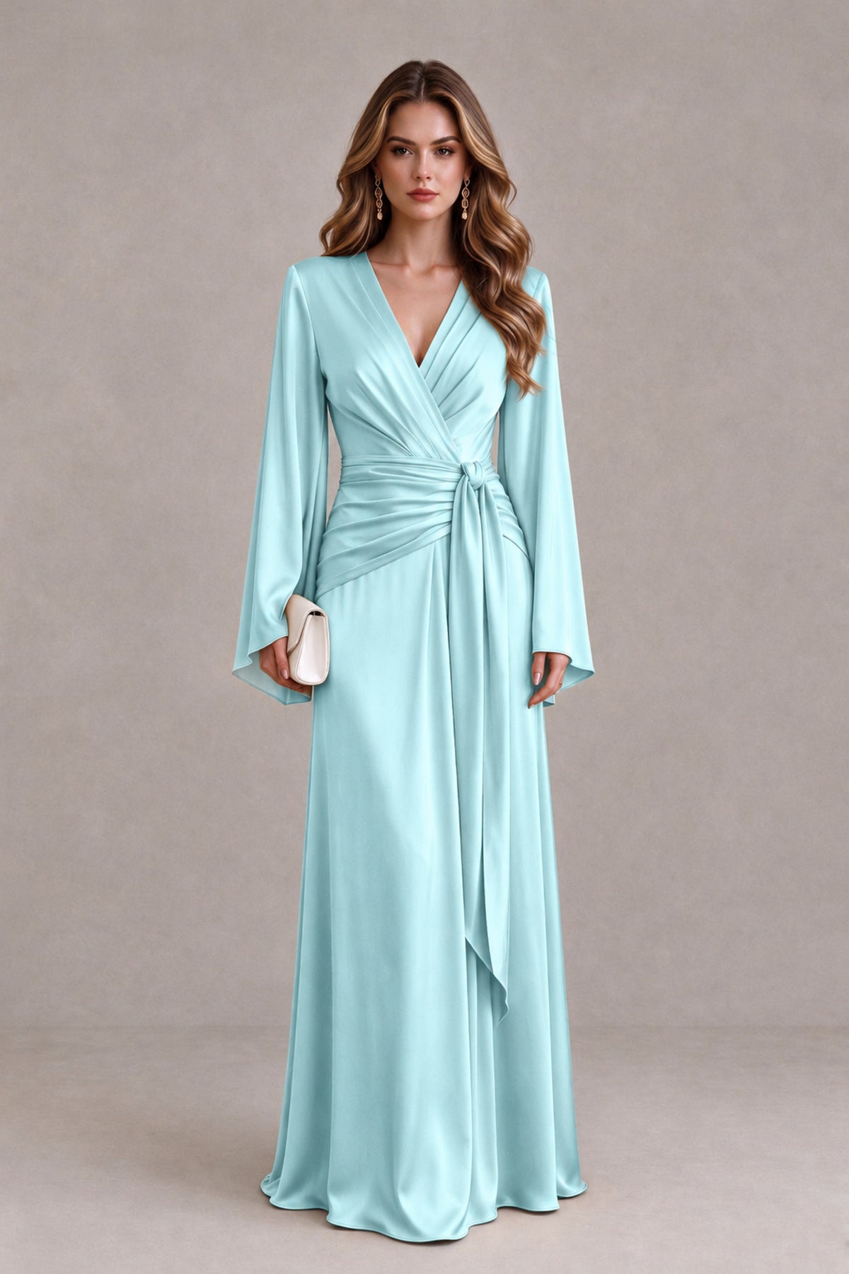 BOLODOO Aqua Blue Yellow Satin-Look V-Neck Long Bell Sleeve Evening Dress - Aqua Blue - Aqua_Blue_1