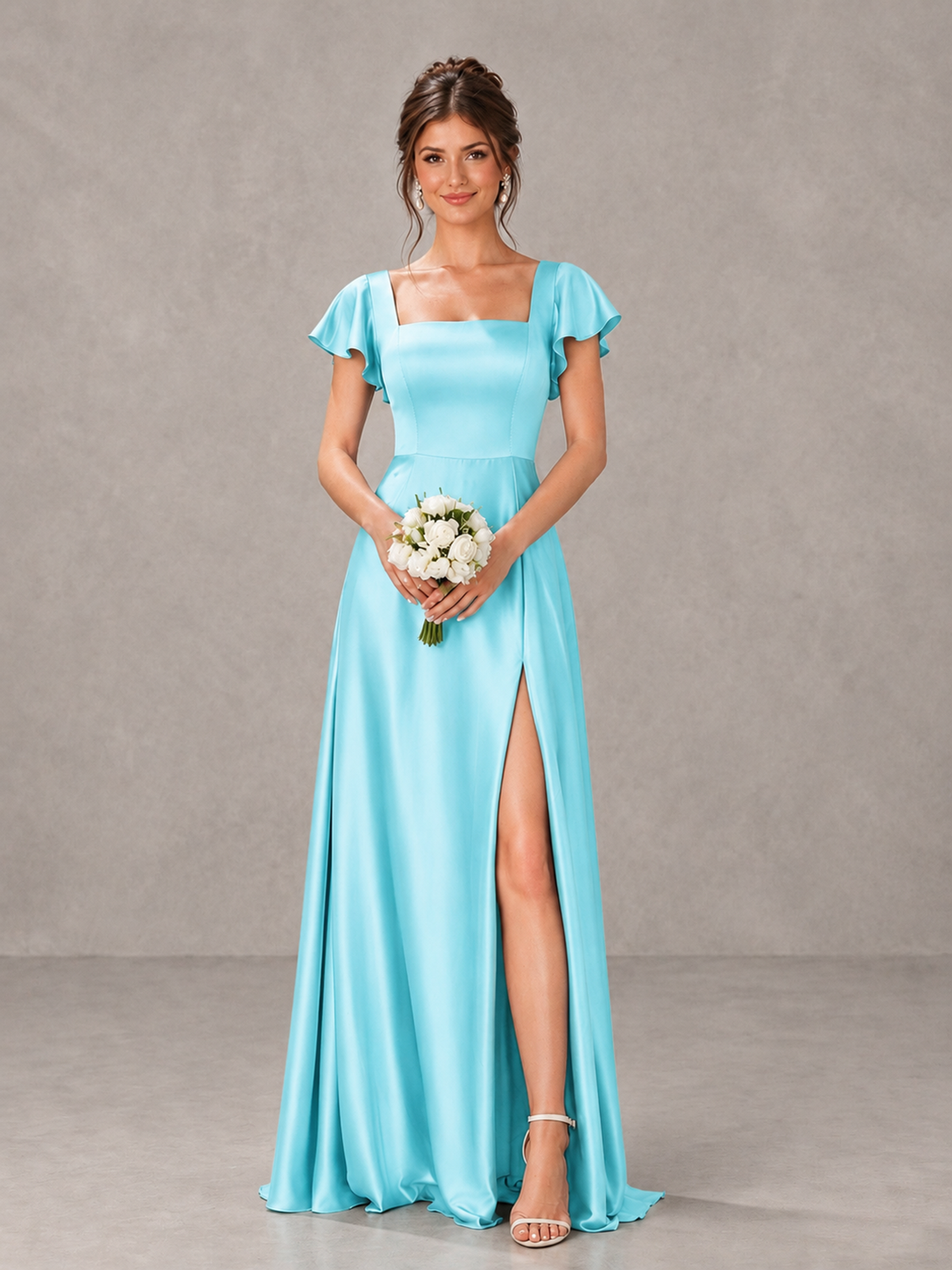BOLODOO Aqua Blue Satin Square Neck Flutter Sleeve A-Line Bridesmaid Dress with Slit - Aqua Blue - Aqua Blue_1