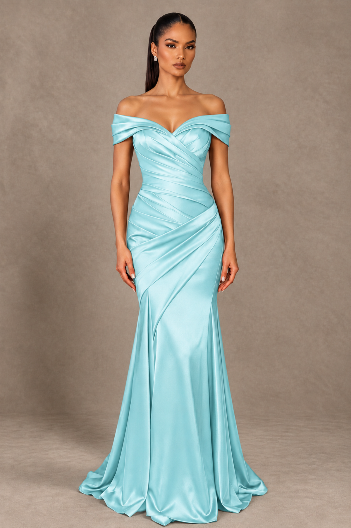 BOLODOO Aqua Blue Off-the-Shoulder Ruched Satin Mermaid Evening Dress - Aqua Blue - Aqua_Blue_1