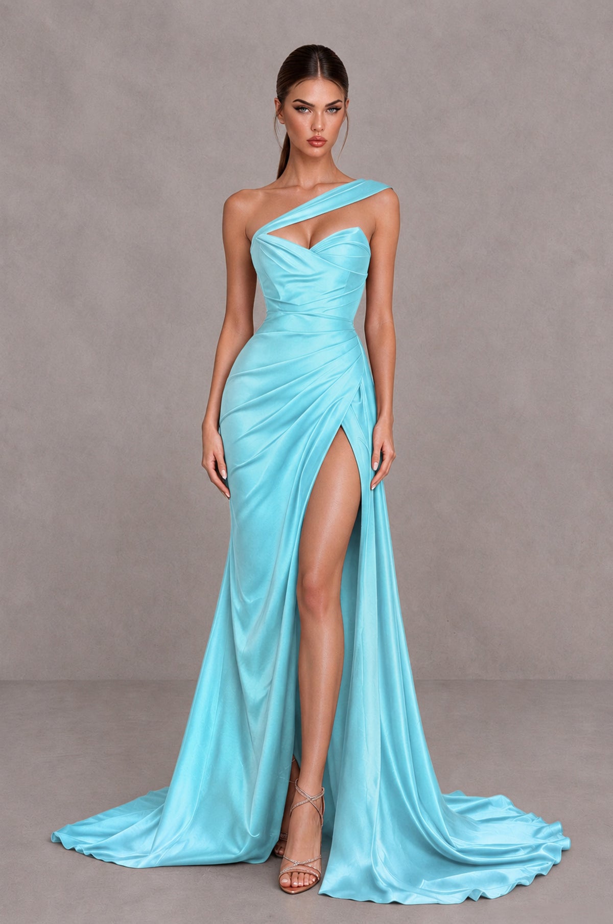 BOLODOO Aqua Blue One Shoulder Satin Mermaid Evening Dress with Ruched Slit Skirt - Aqua Blue - Aqua Blue_1