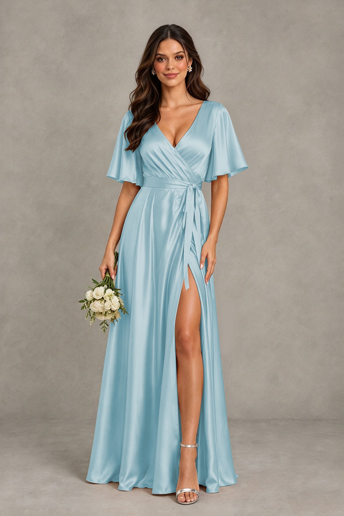 BOLODOO Aqua Blue Satin V-Neck Flutter Sleeve Bridesmaid Dress with Slit - Aqua Blue - Aqua Blue(1)
