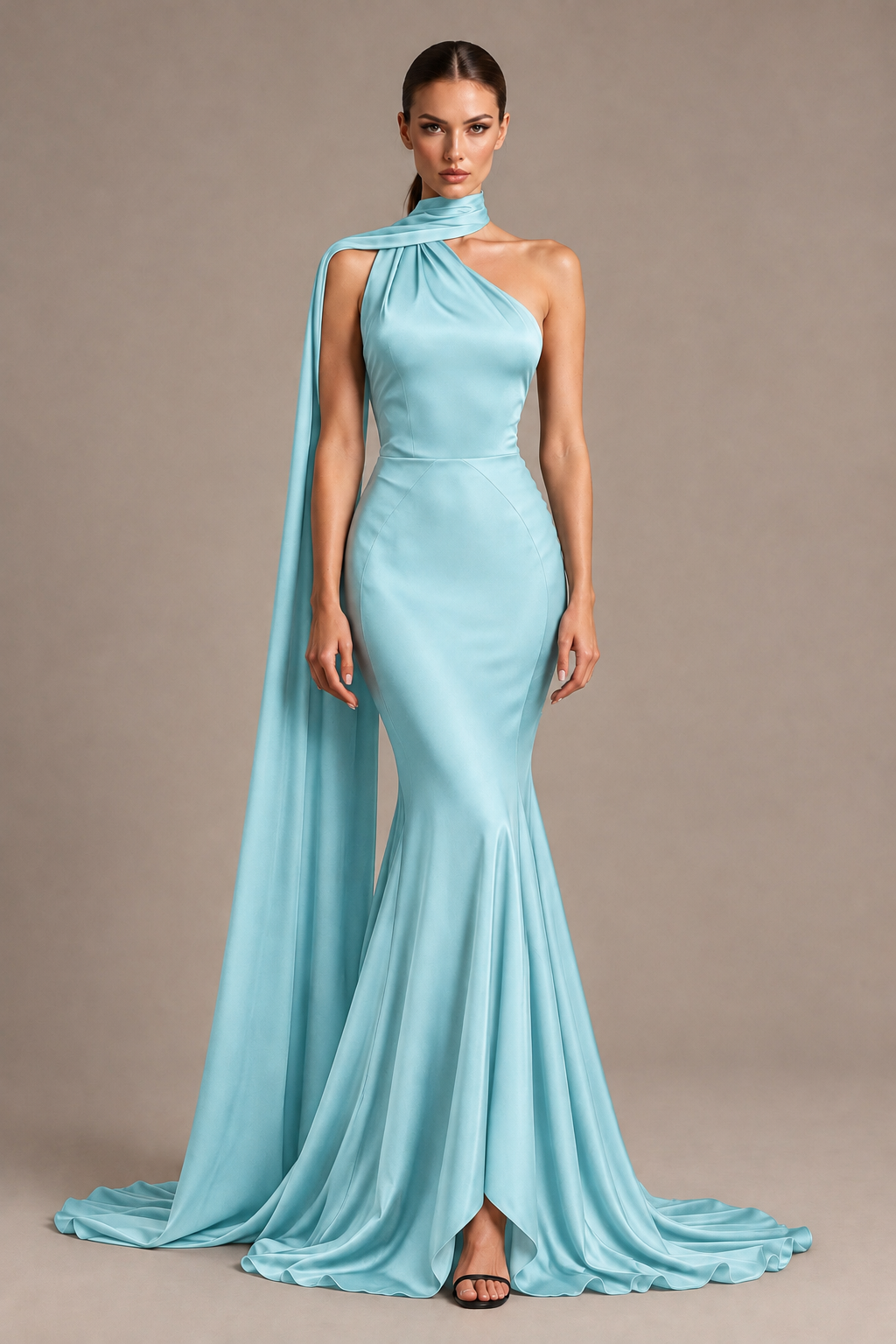 BOLODOO Aqua Blue One-Shoulder Satin Mermaid Evening Dress with Scarf - Aqua Blue - Aqua Blue_1