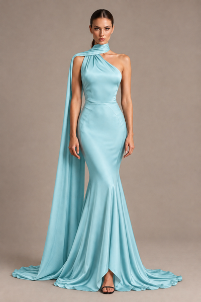 BOLODOO Aqua Blue One-Shoulder Satin Mermaid Evening Dress with Scarf - Aqua Blue - Aqua Blue_1