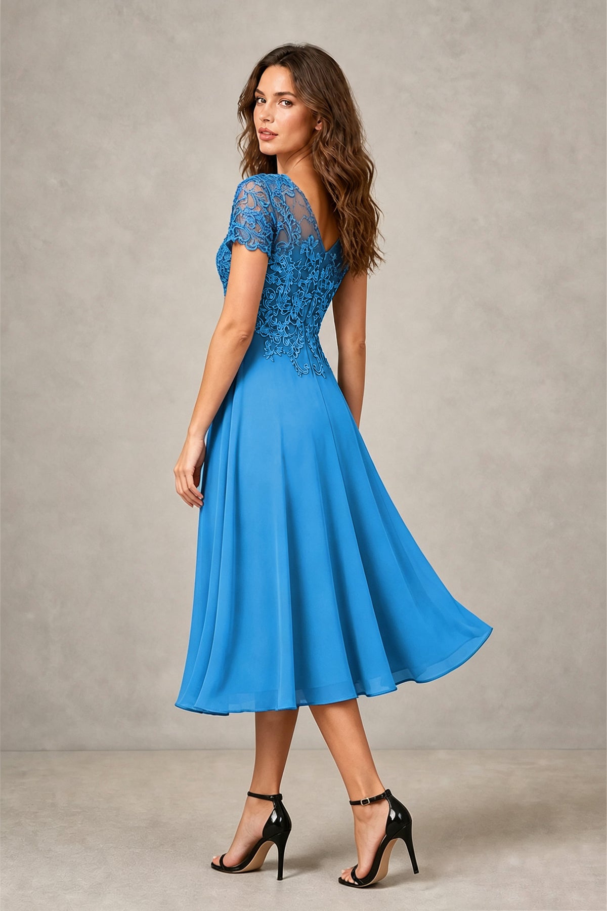 BOLODOO Steel Aqua Blue Beaded Lace Illusion Bodice Chiffon Tea-Length Dress | Mother of the Bride & Cocktail Party - Aqua Blue
