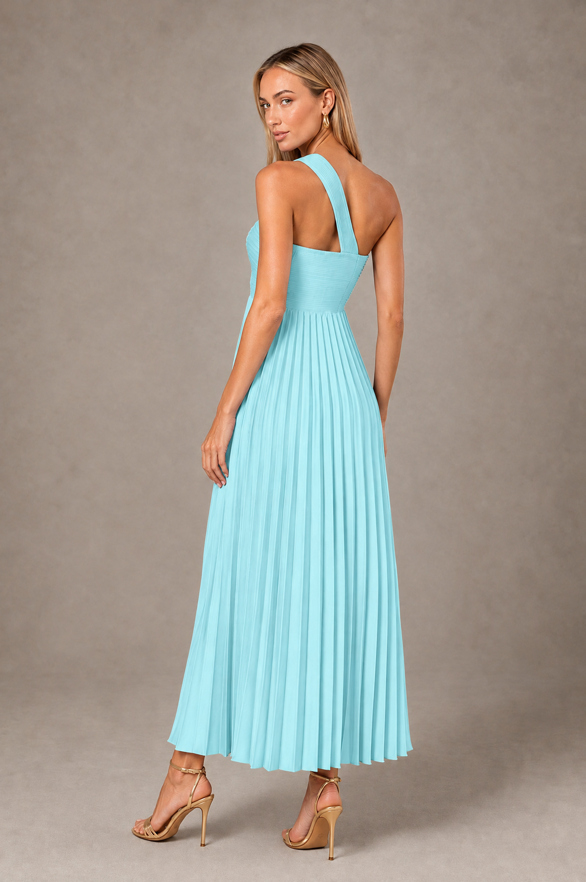 BOLODOO Aqua Blue One-Shoulder Twist Knot Pleated Satin Midi Dress with Cutout - Aqua Blue - Aqua_Blue_2