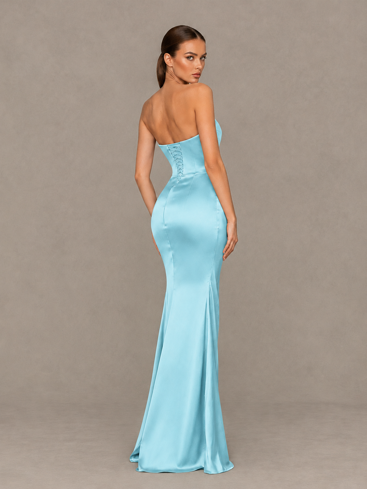 BOLODOO Aqua Blue Cross-Halter Ruched Satin-Look Evening Gown with High Slit - Aqua Blue - Aqua Blue_2