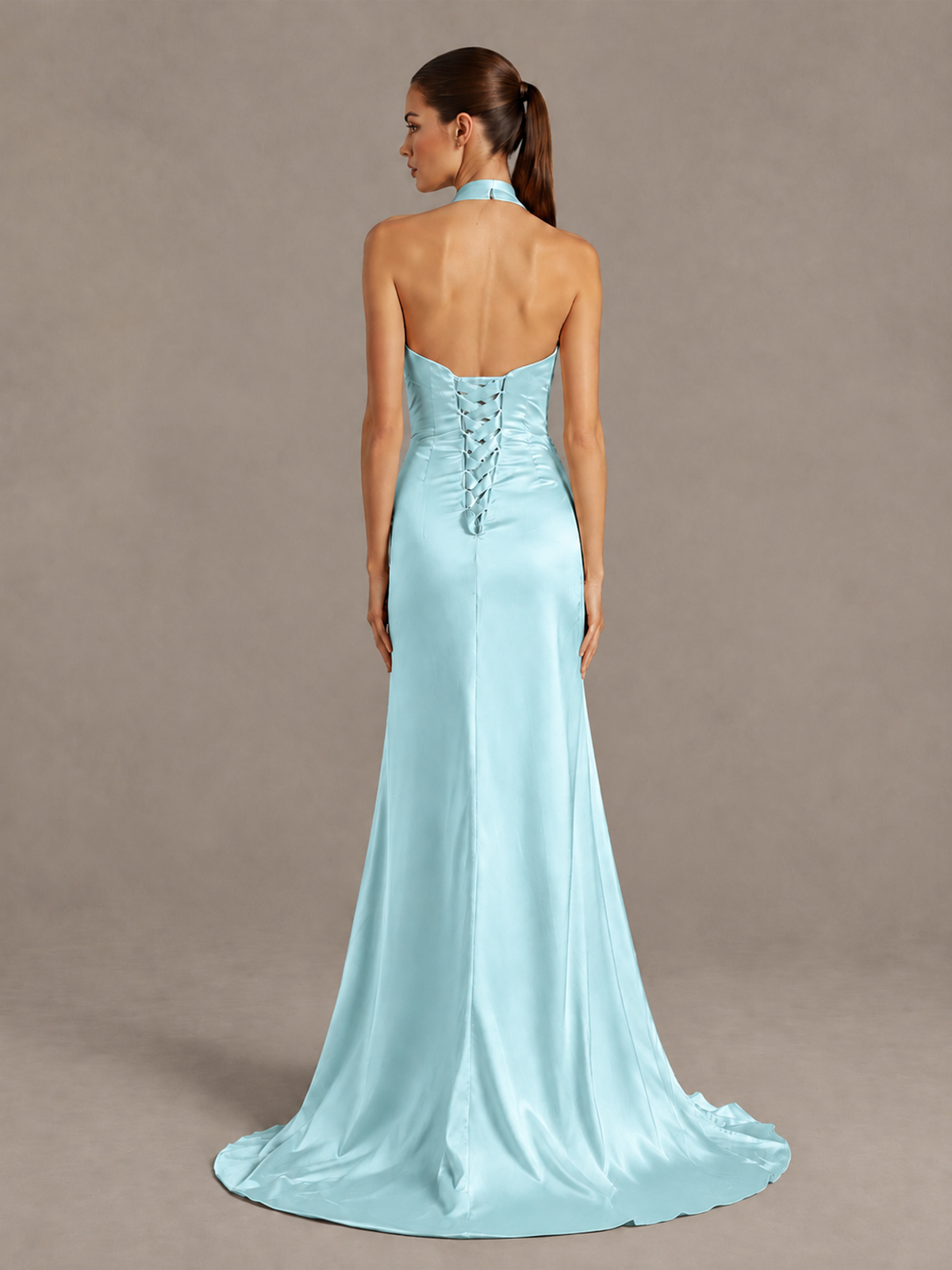 BOLODOO Aqua Blue Halter Satin Evening & Prom Dress with High Slit - Aqua Blue - Aqua Blue_2