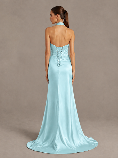 BOLODOO Aqua Blue Halter Satin Evening & Prom Dress with High Slit - Aqua Blue - Aqua Blue_2