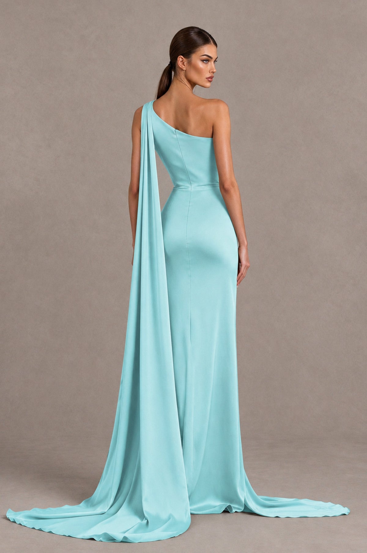 BOLODOO Aqua Blue One Shoulder Satin Evening Dress with High Slit and Draped Cape Train - Aqua Blue - Aqua Blue_2