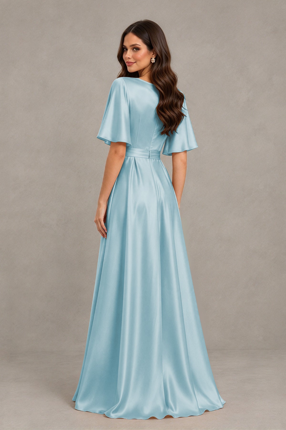 BOLODOO Aqua Blue Satin V-Neck Flutter Sleeve Bridesmaid Dress with Slit - Aqua Blue - Aqua Blue(2)