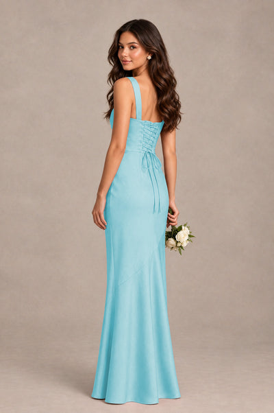 BOLODOO Aqua Blue Square Neck Ruched Satin Lace-Up Bridesmaid Dress - Aqua Blue - Aqua Blue_2