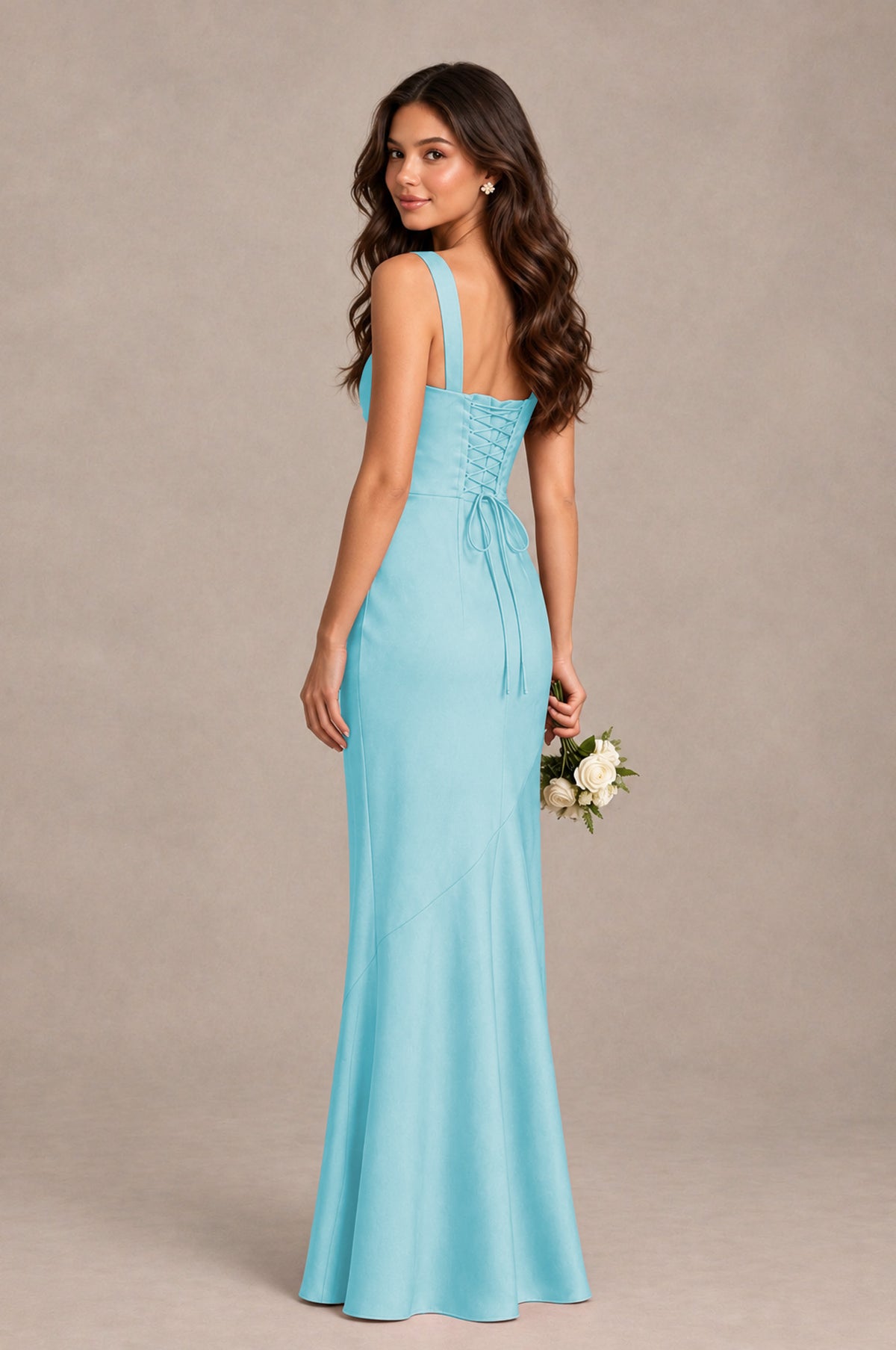 BOLODOO Aqua Blue Square Neck Ruched Satin Lace-Up Bridesmaid Dress - Aqua Blue - Aqua Blue_2