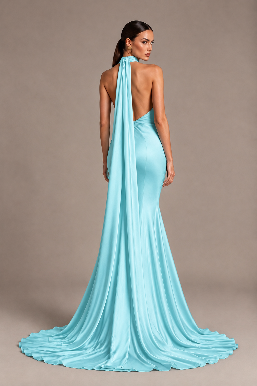 BOLODOO Aqua Blue One-Shoulder Satin Mermaid Evening Dress with Scarf - Aqua Blue - Aqua Blue_2