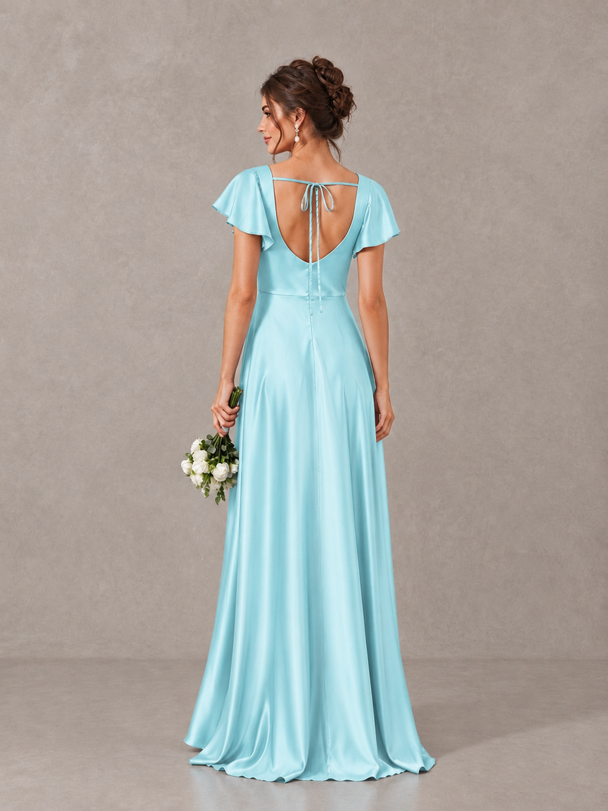 BOLODOO Aqua Blue Satin Square Neck Flutter Sleeve A-Line Bridesmaid Dress with Slit - Aqua Blue - Aqua Blue_2